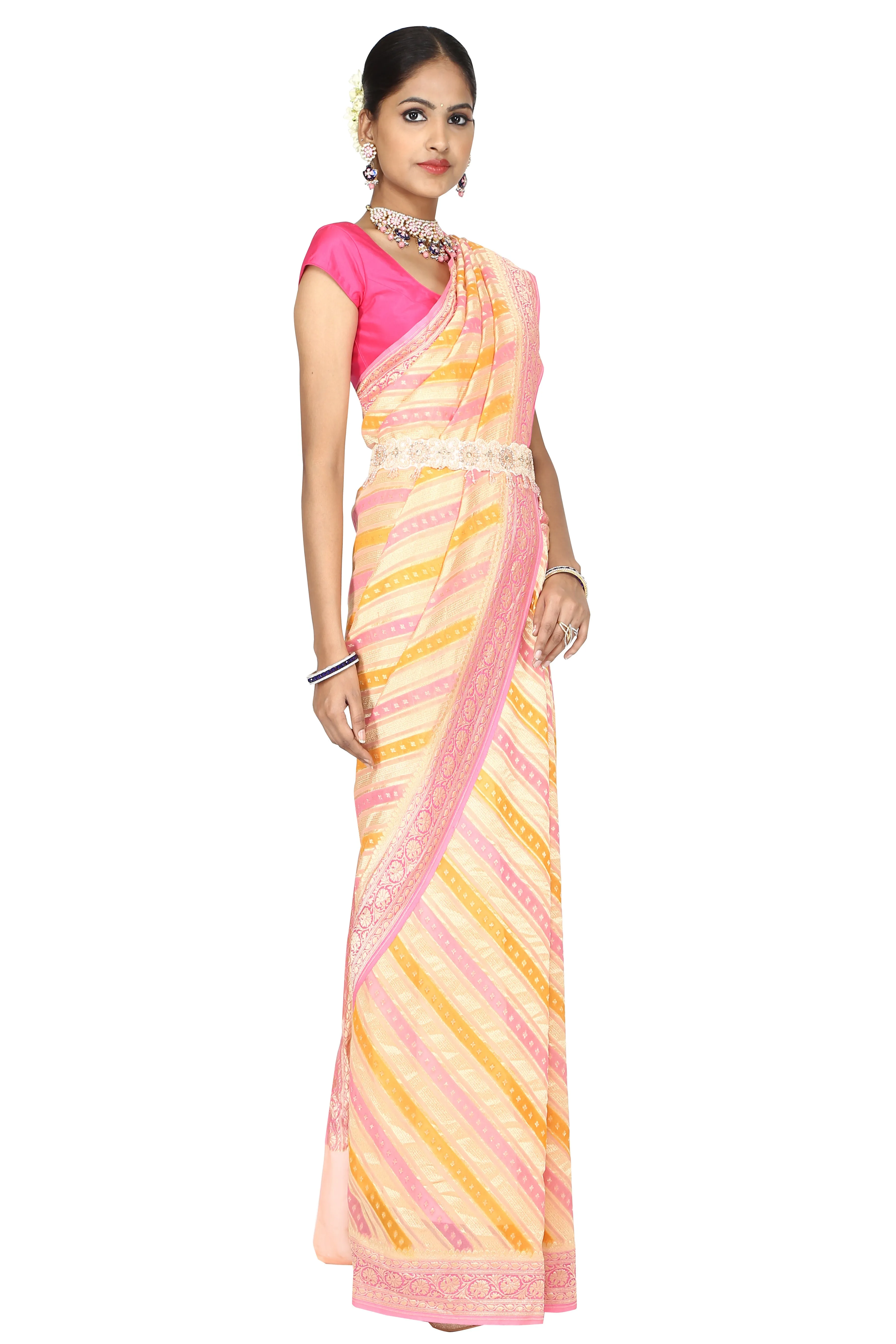 Pink and yellow handloom banarasi saree with blouse