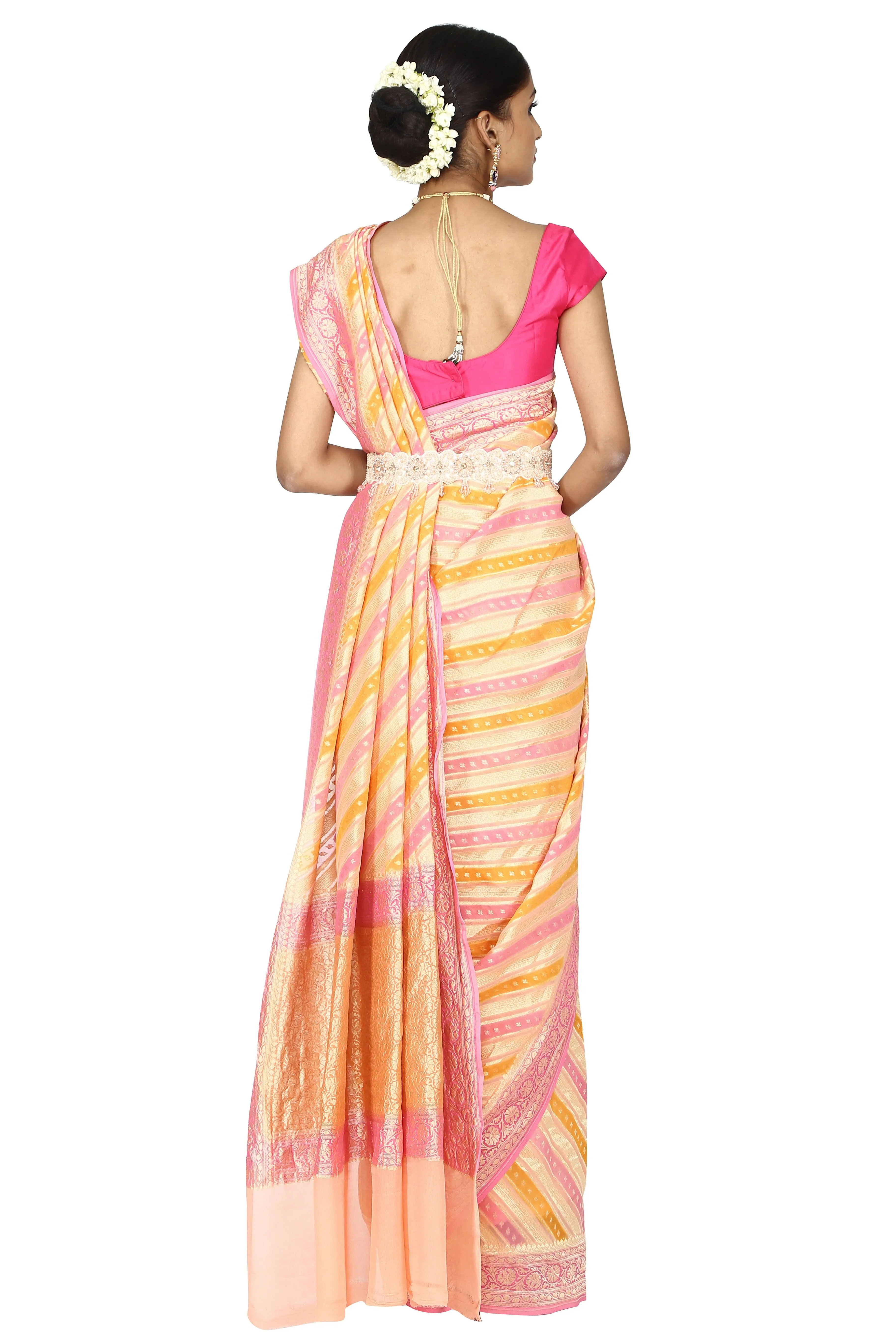 Pink and yellow handloom banarasi saree with blouse