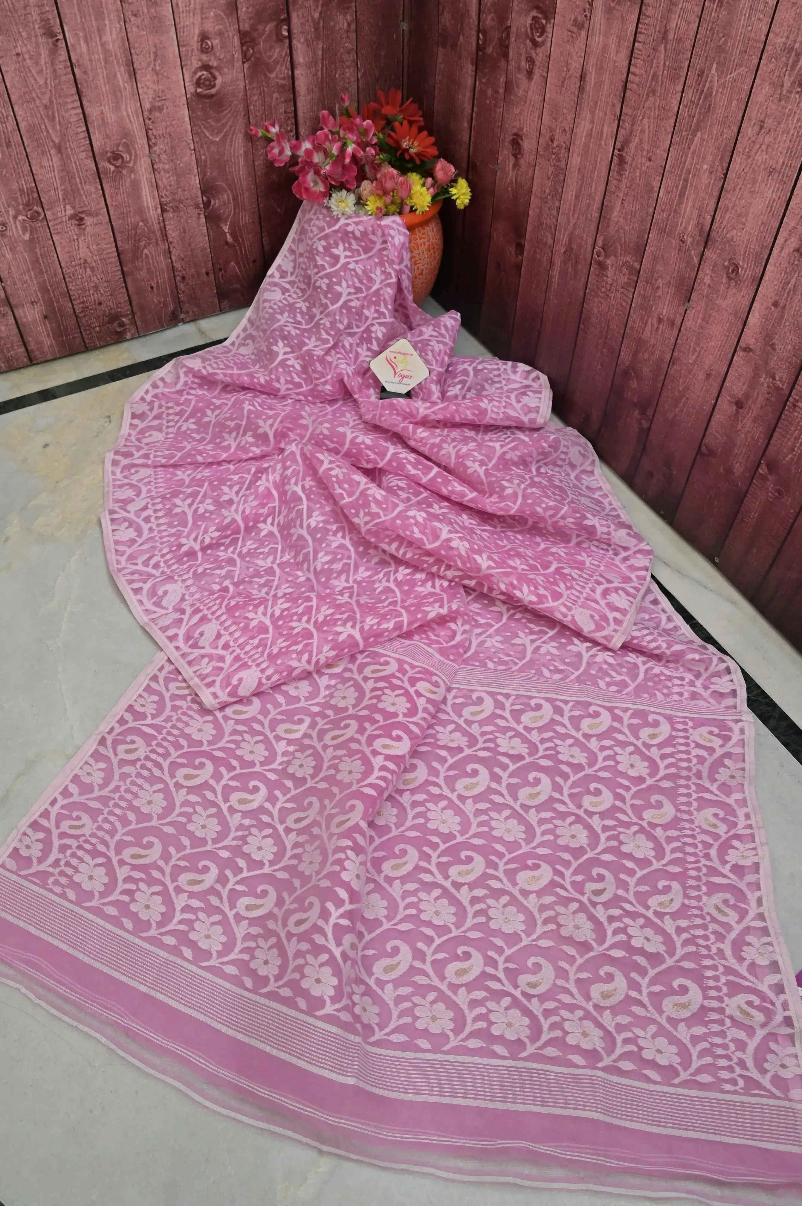 Pink Color Jamdani Saree with Allover Jamdani Weaving Work