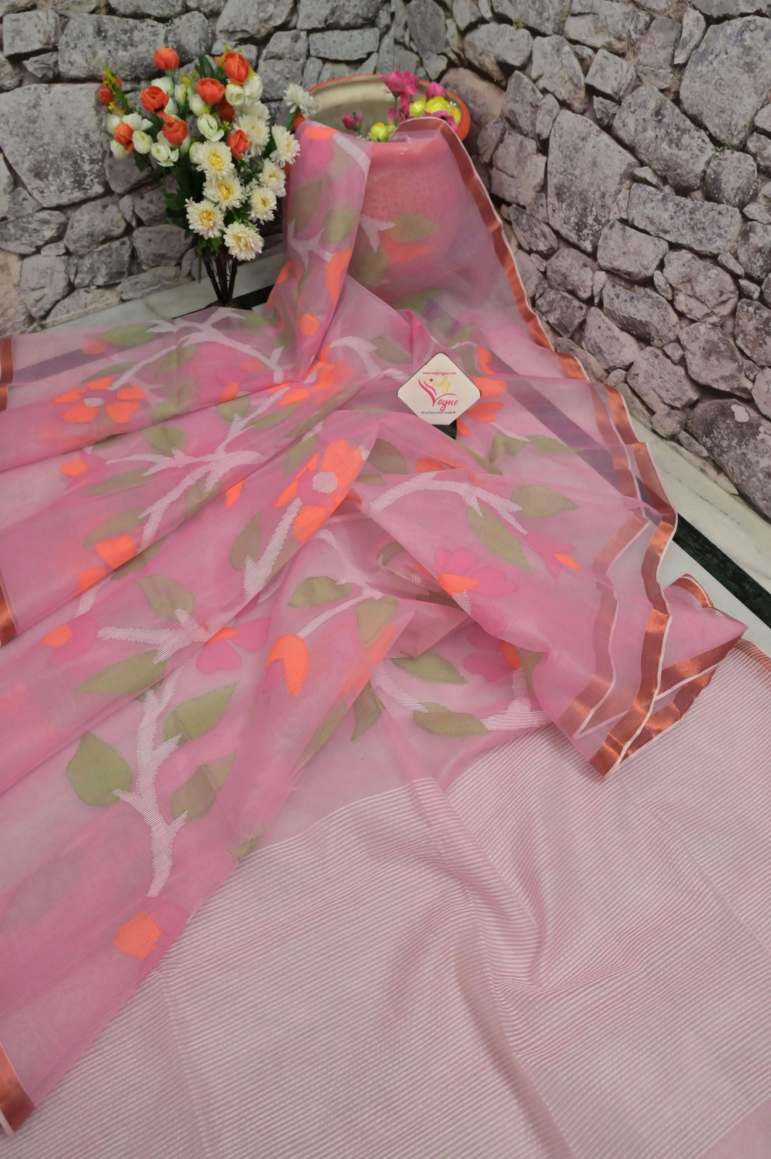 Pink Color Muslin Jamdani Saree with Jamdani Weaving