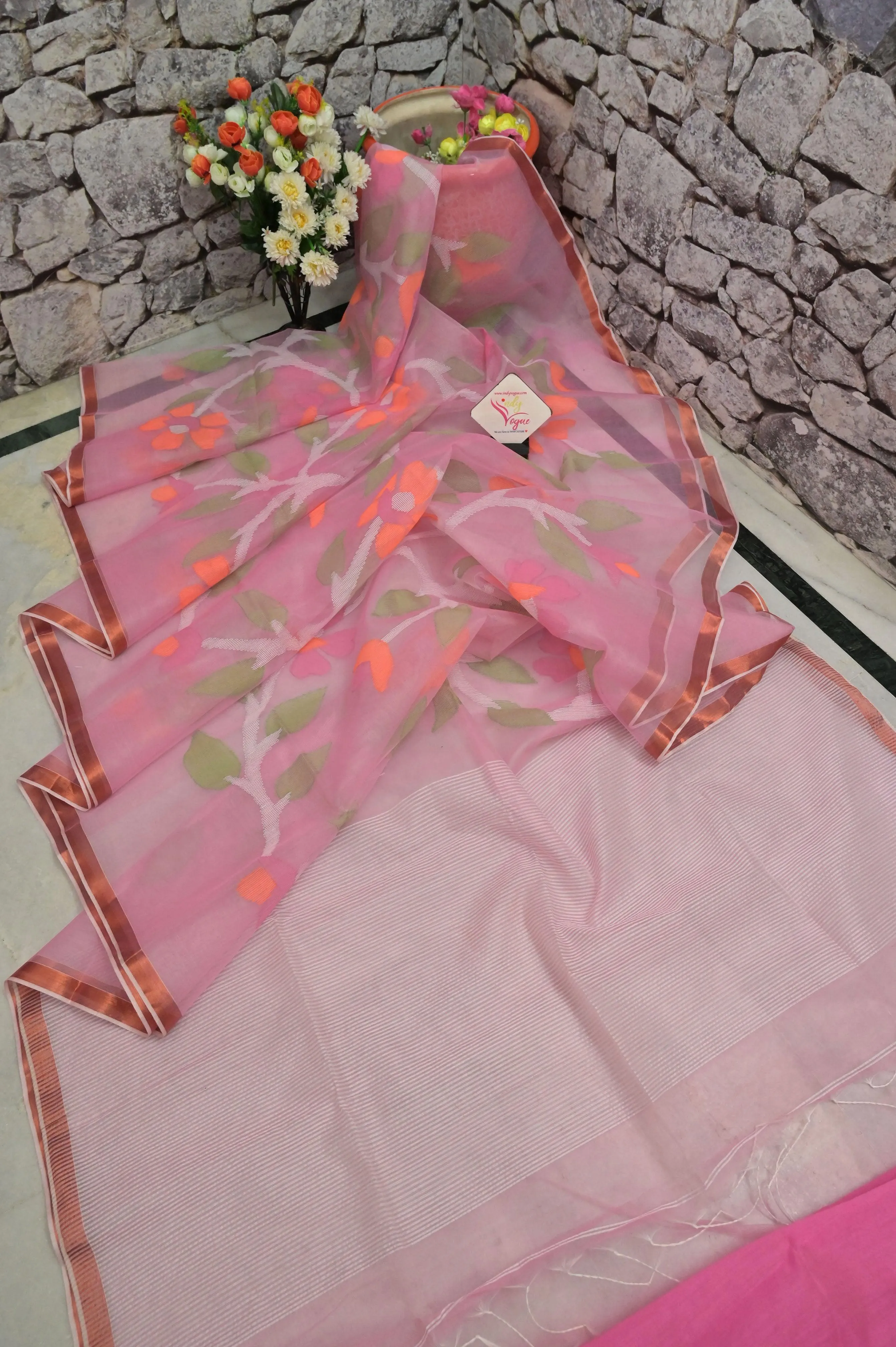 Pink Color Muslin Jamdani Saree with Jamdani Weaving