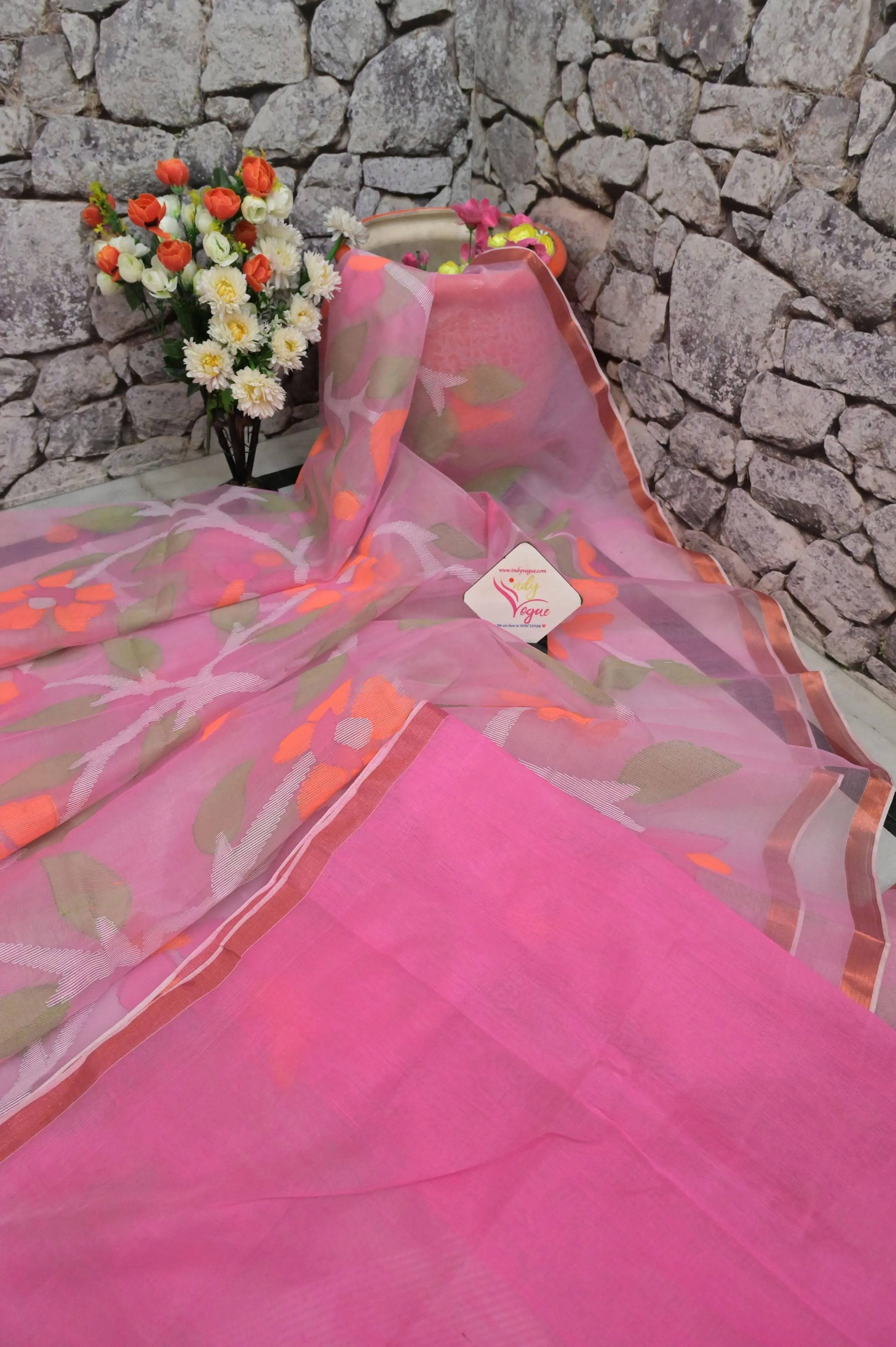 Pink Color Muslin Jamdani Saree with Jamdani Weaving