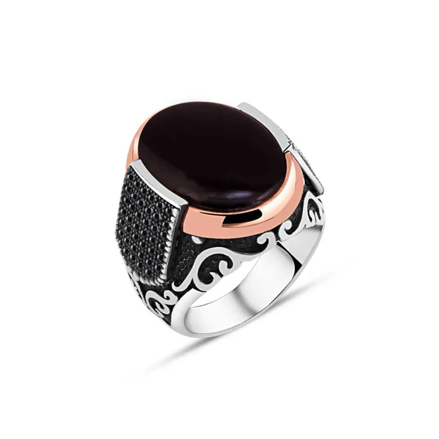 Plain Ellipse Black Onyx Stone Silver Men's Ring Siding Zircons in Epaulet Shape