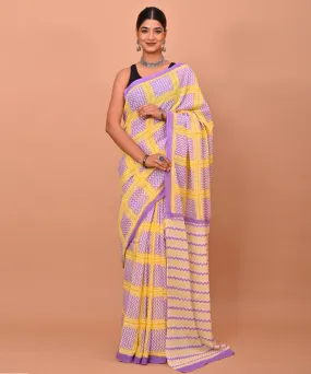 Purple yellow cotton hand printed bagru saree