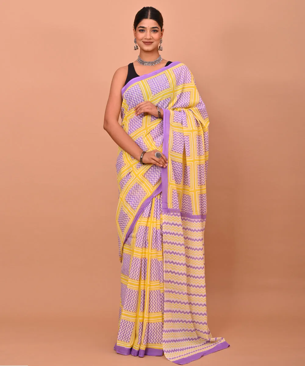 Purple yellow cotton hand printed bagru saree