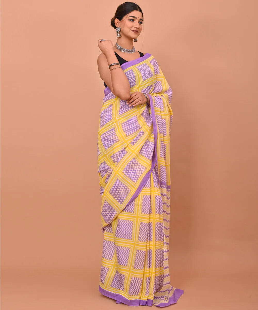 Purple yellow cotton hand printed bagru saree