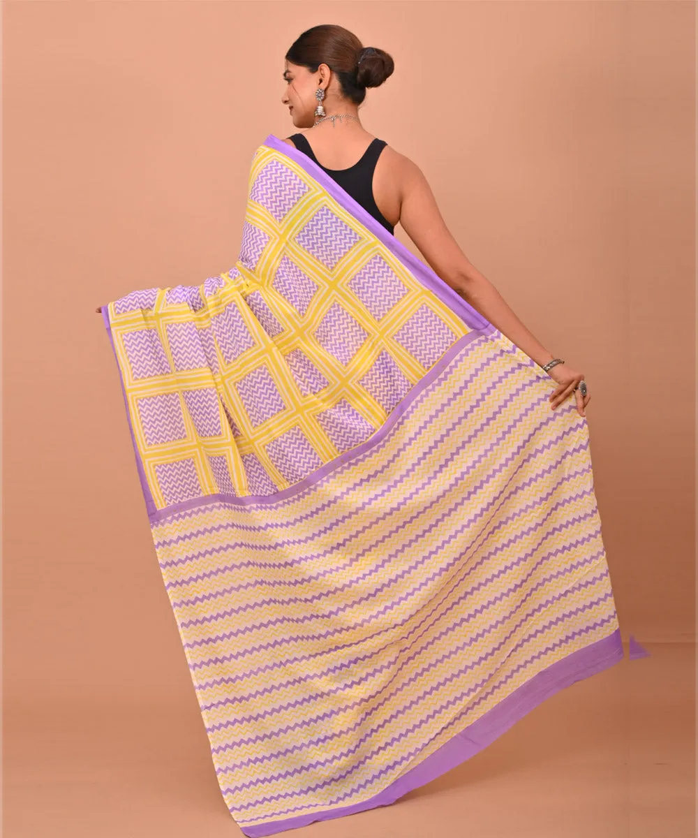 Purple yellow cotton hand printed bagru saree