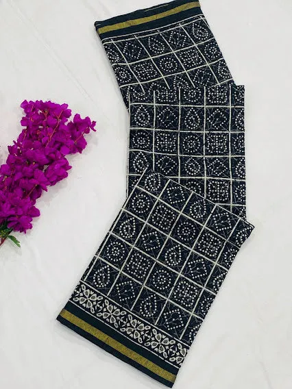 Ravishing Black Color Bandhani Printed Cotton Saree With Blouse