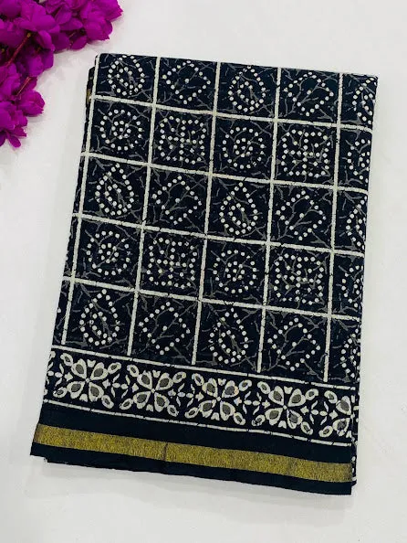 Ravishing Black Color Bandhani Printed Cotton Saree With Blouse