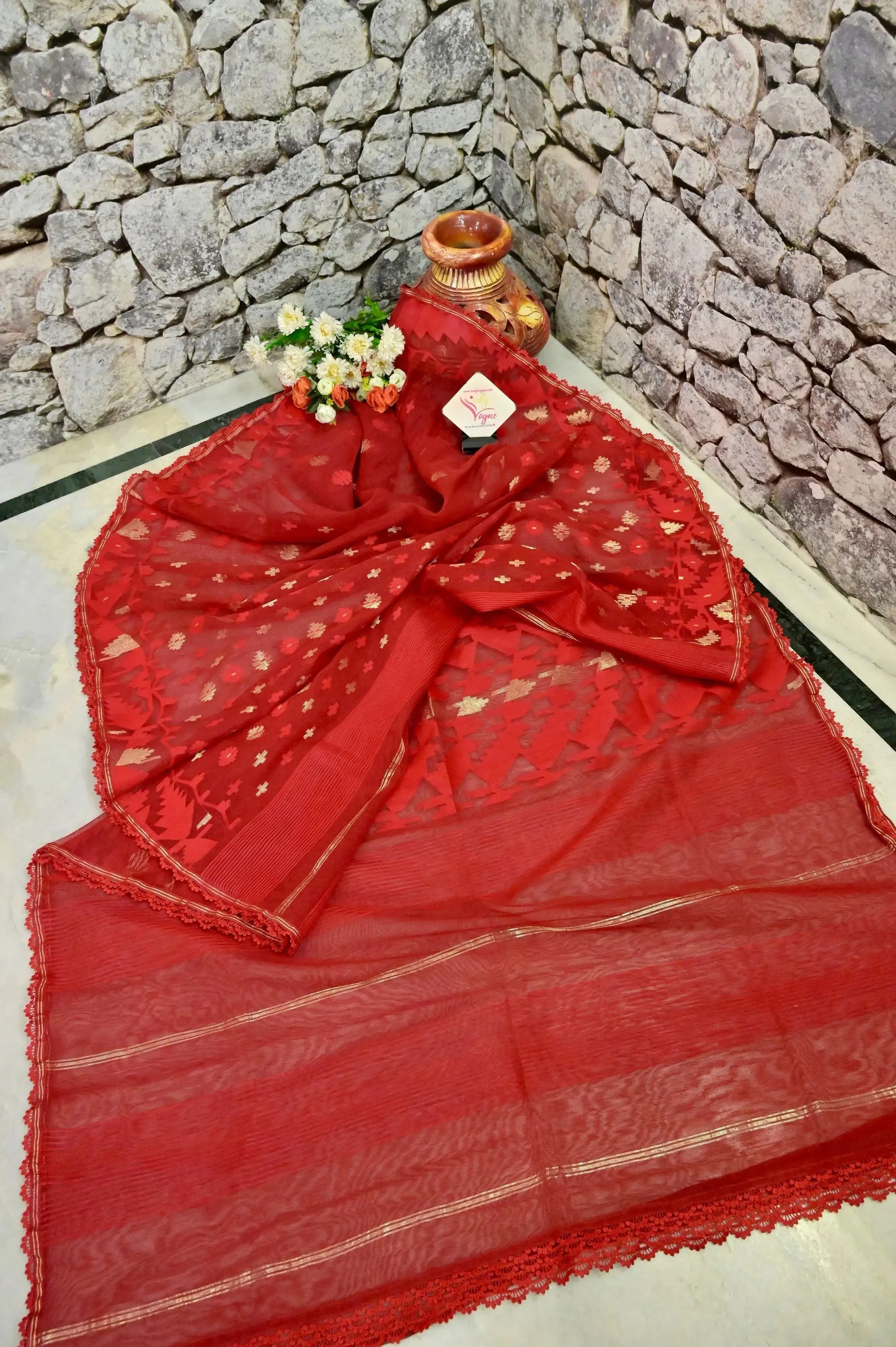 Red Color Bangladeshi Jamdani Saree with Allover Self-Weaving