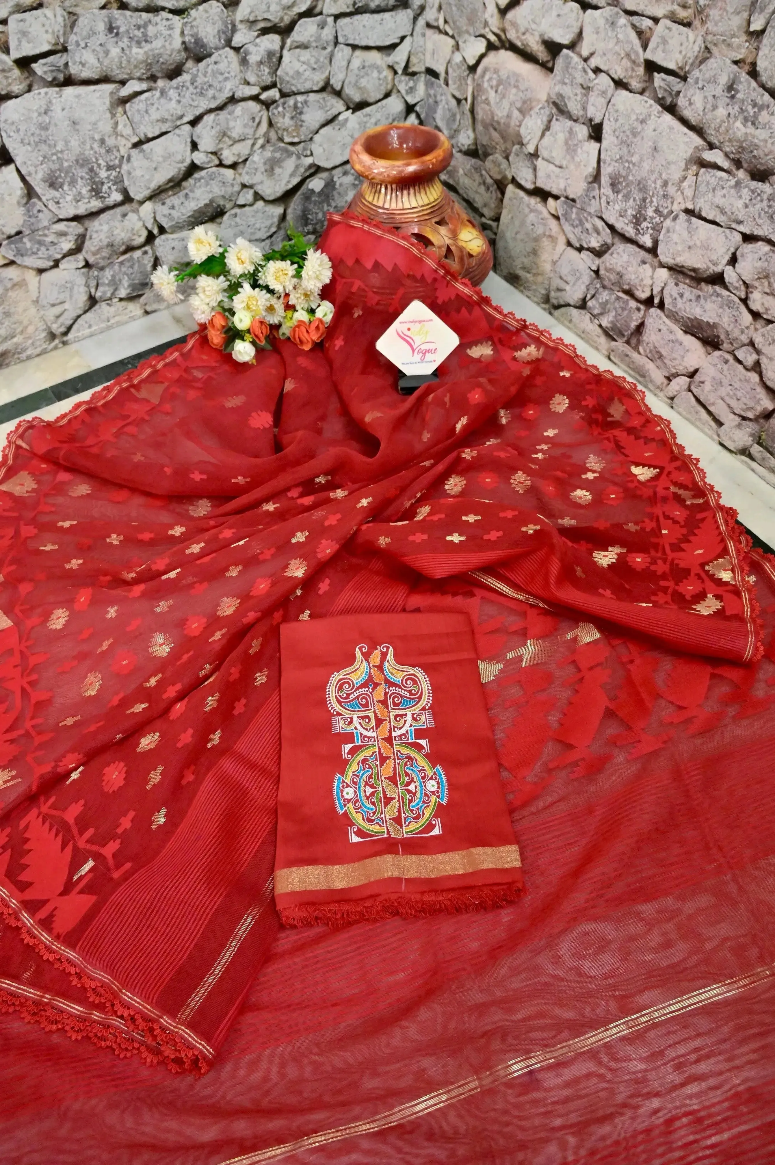 Red Color Bangladeshi Jamdani Saree with Allover Self-Weaving