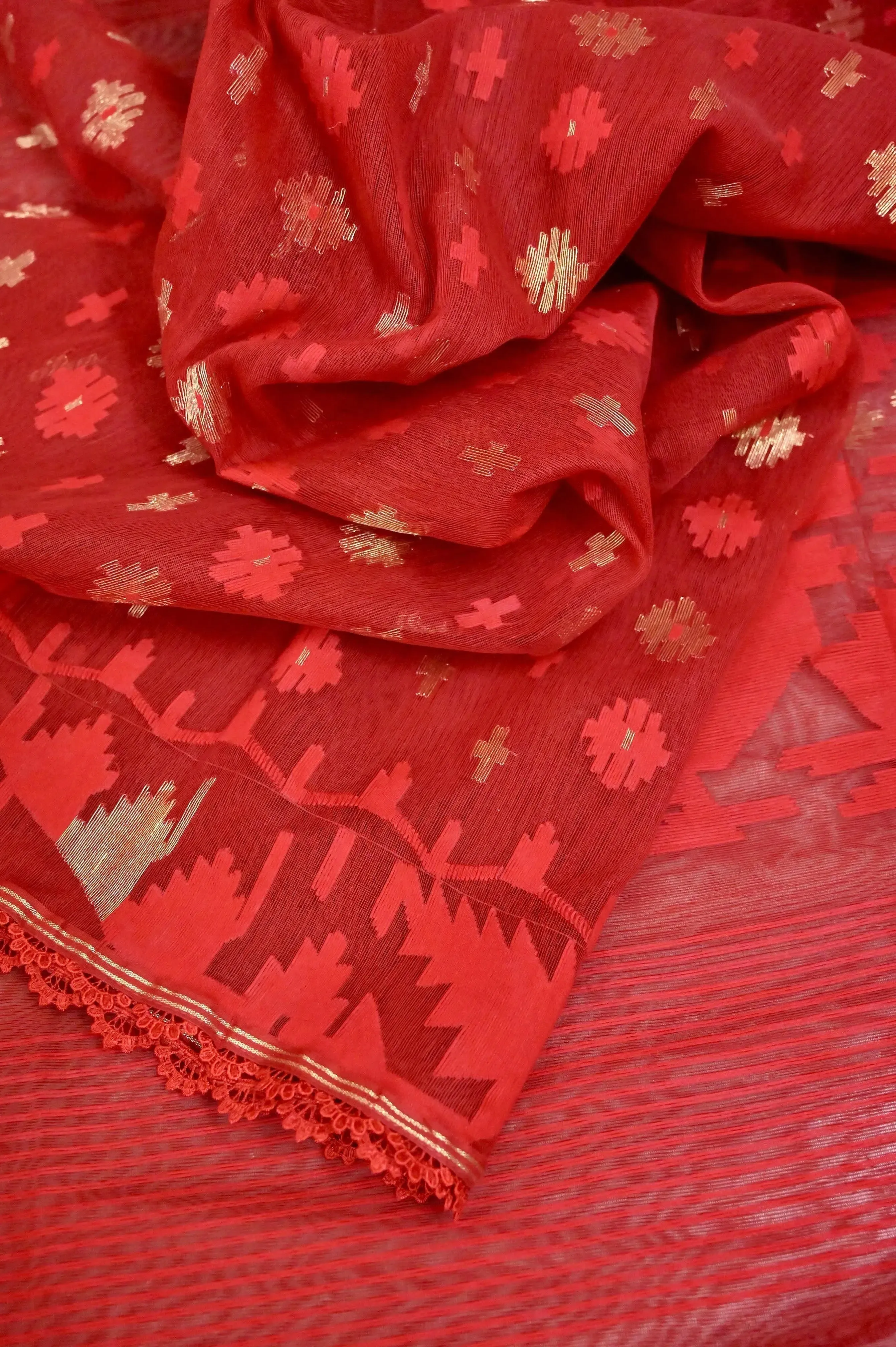 Red Color Bangladeshi Jamdani Saree with Allover Self-Weaving