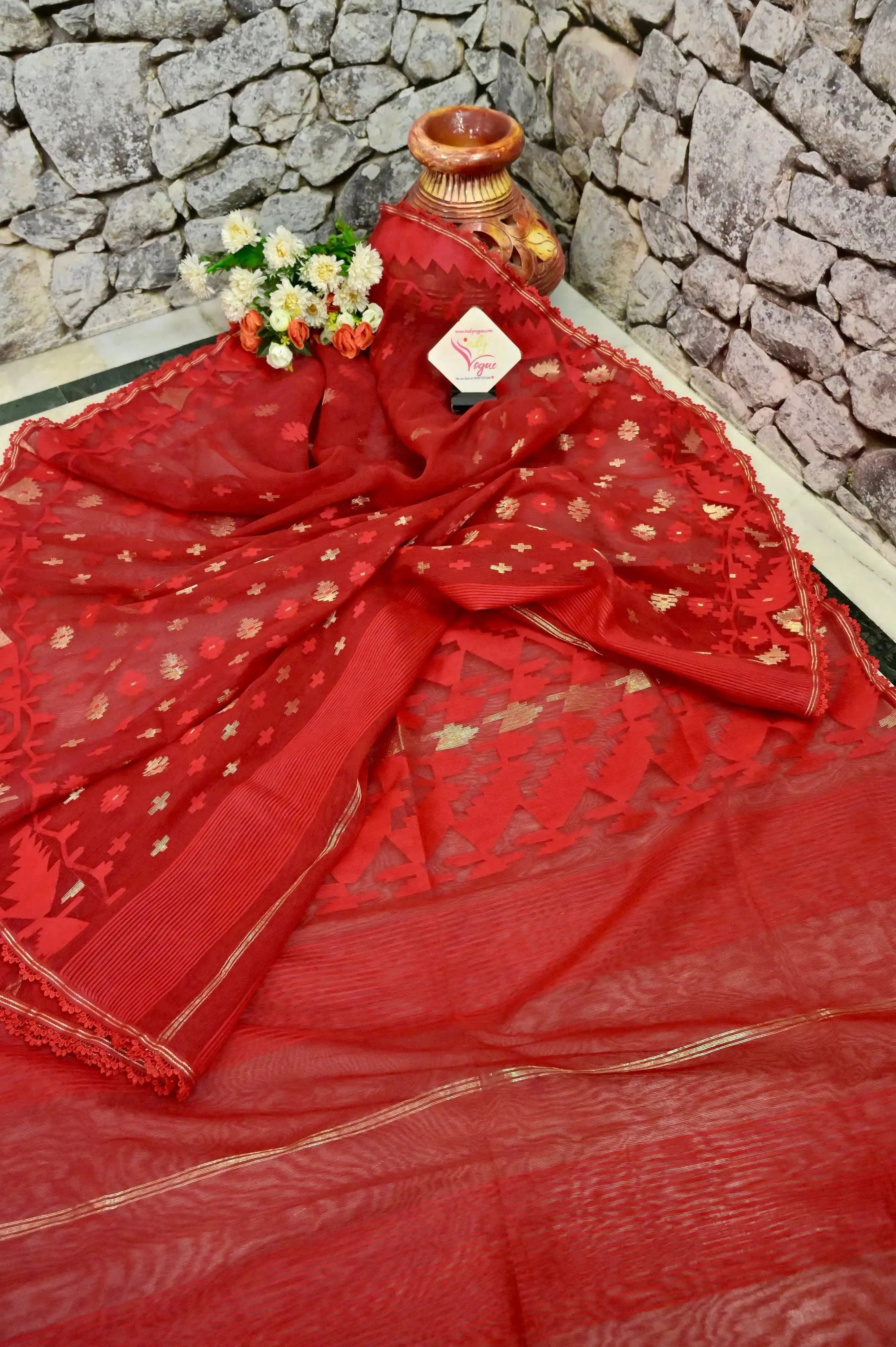 Red Color Bangladeshi Jamdani Saree with Allover Self-Weaving