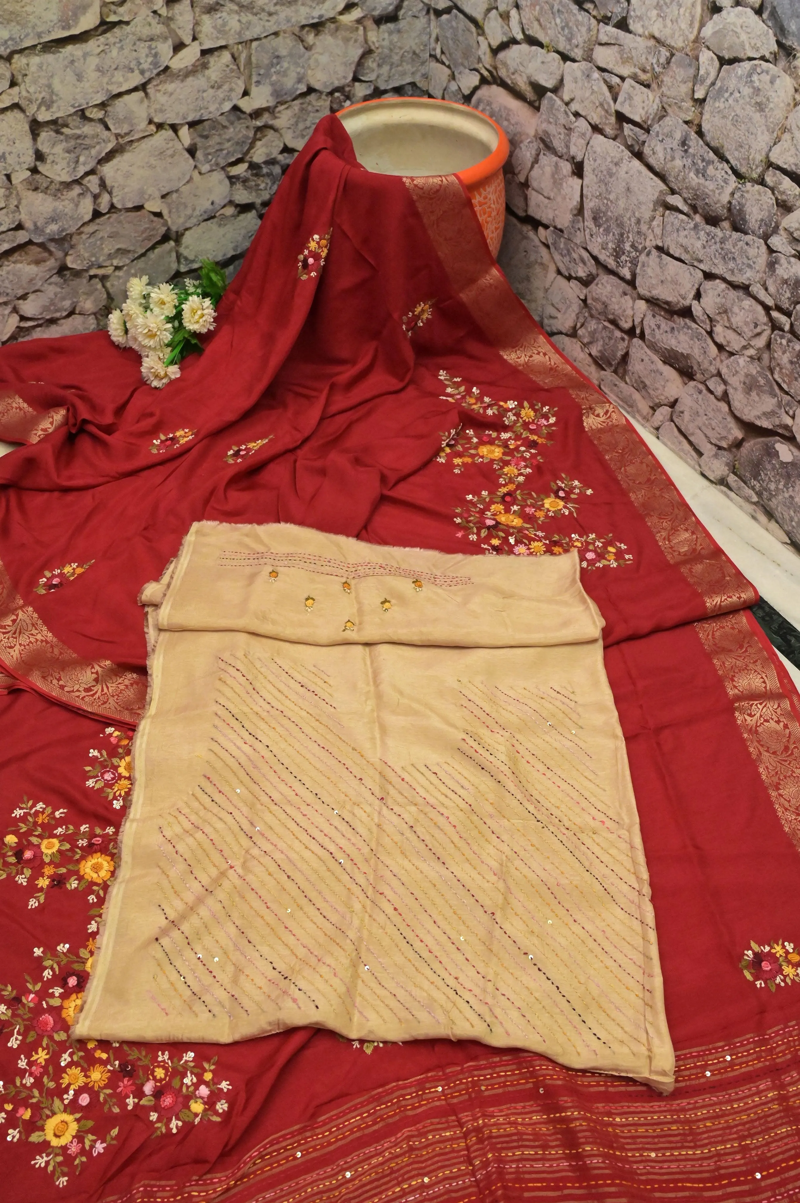 Red Color Chinon Banarasi Silk Saree with Hand Kantha & Bullion Embroidery with Sequin Work