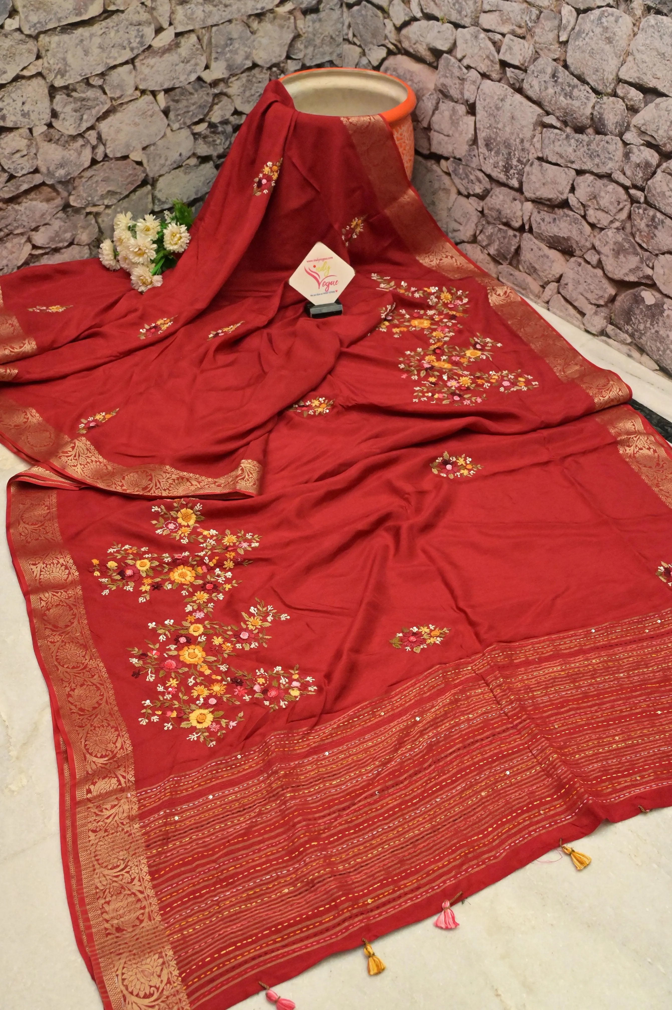 Red Color Chinon Banarasi Silk Saree with Hand Kantha & Bullion Embroidery with Sequin Work