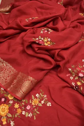 Red Color Chinon Banarasi Silk Saree with Hand Kantha & Bullion Embroidery with Sequin Work