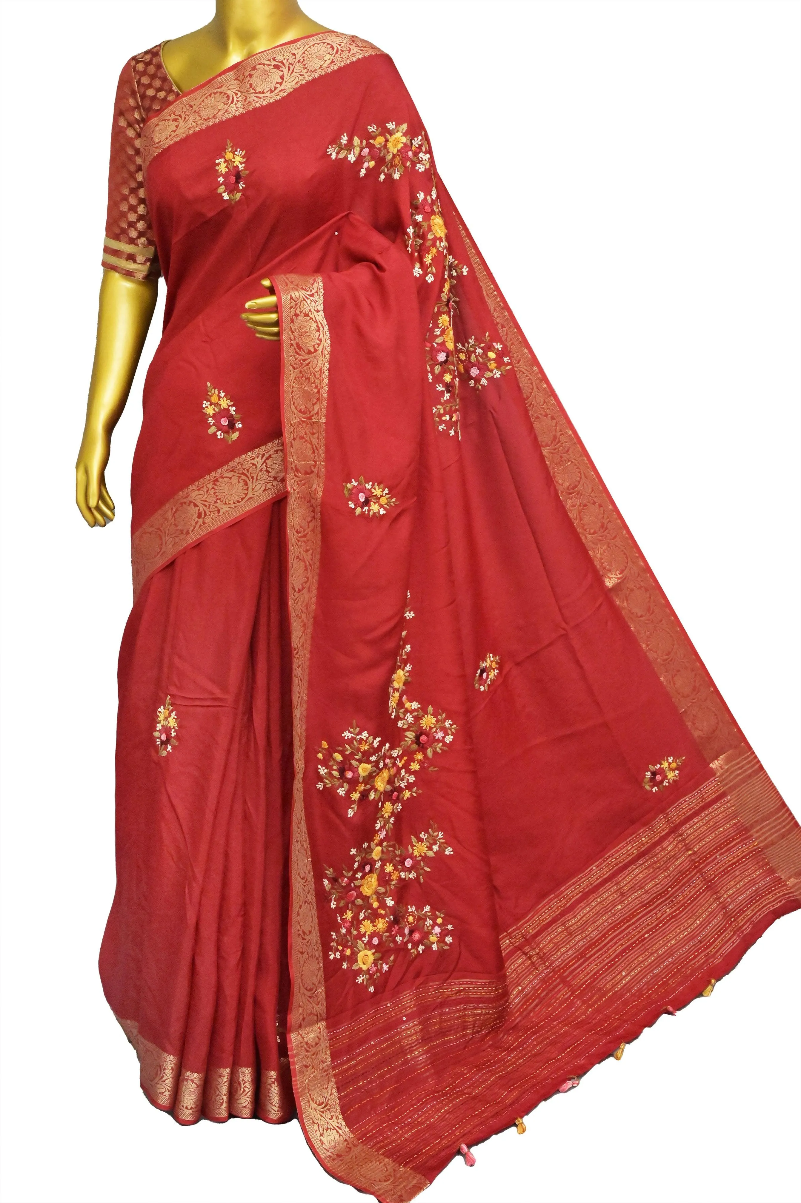 Red Color Chinon Banarasi Silk Saree with Hand Kantha & Bullion Embroidery with Sequin Work