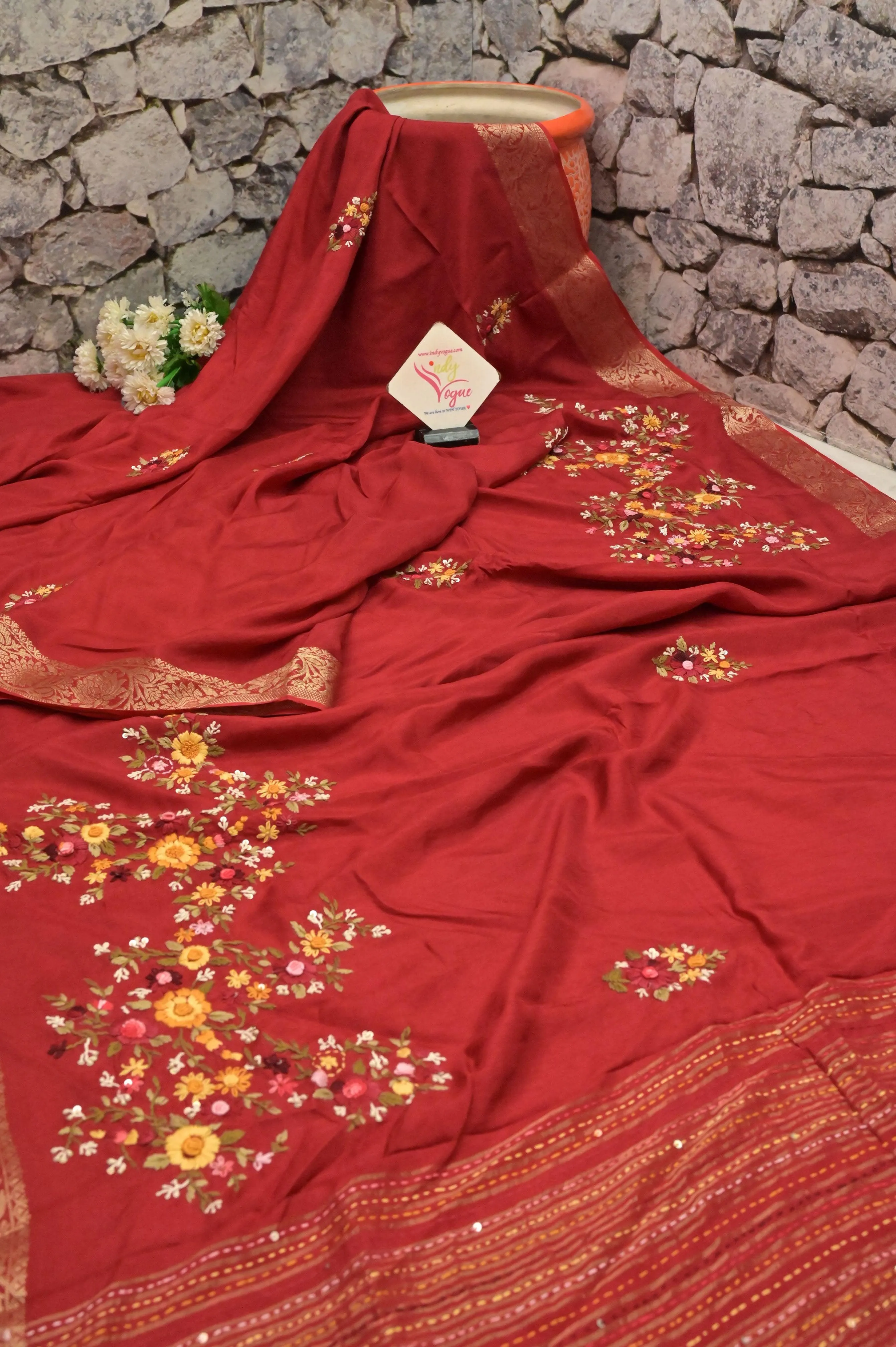 Red Color Chinon Banarasi Silk Saree with Hand Kantha & Bullion Embroidery with Sequin Work