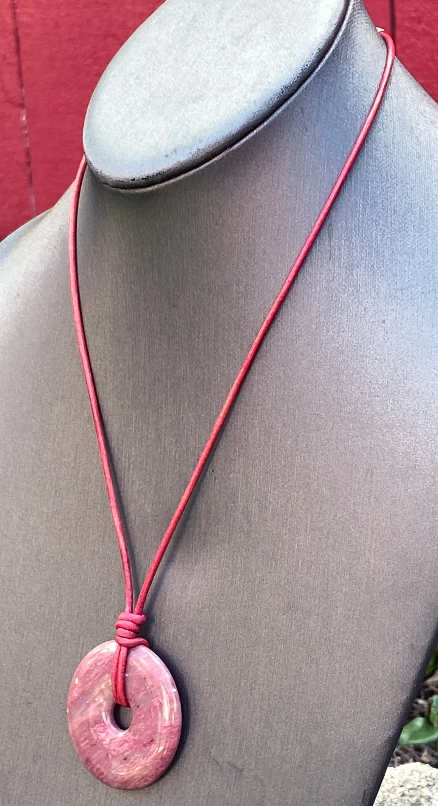 Rhodonite gemstone Donut Leather Necklace