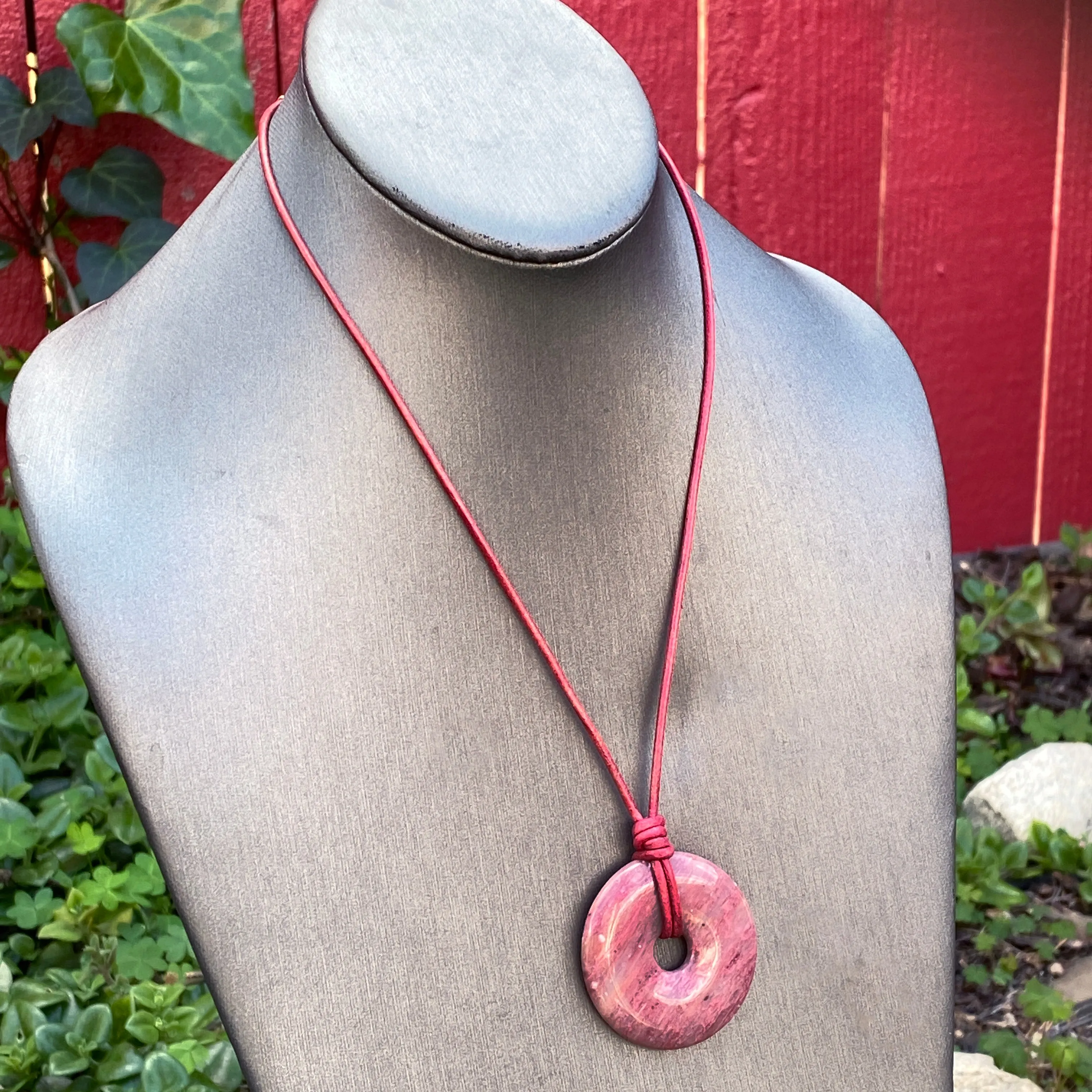 Rhodonite gemstone Donut Leather Necklace