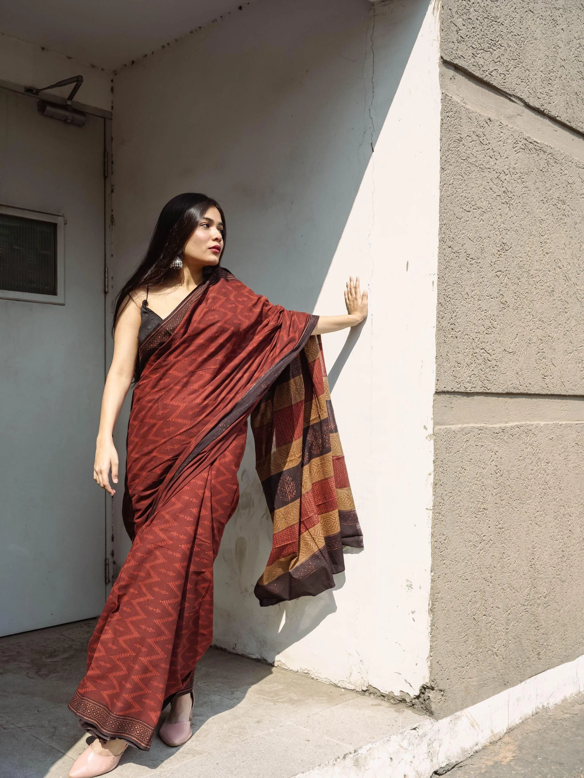 Roheda Chevron natural dyed handblock printed Bagru saree