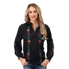 Roper Womens Studio West Collection Blouse Solid Black with Flowers