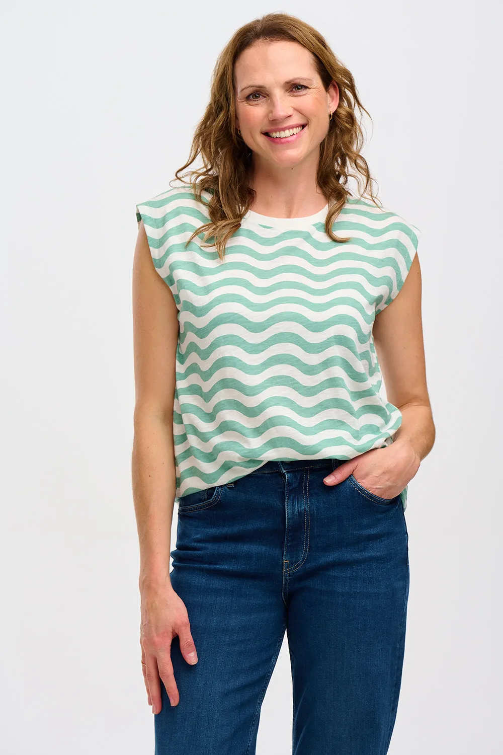 Sugarhill Brighton Chrissy Off-White Sea Green Wavy Stripes T-shirt