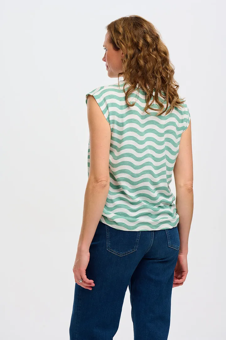 Sugarhill Brighton Chrissy Off-White Sea Green Wavy Stripes T-shirt