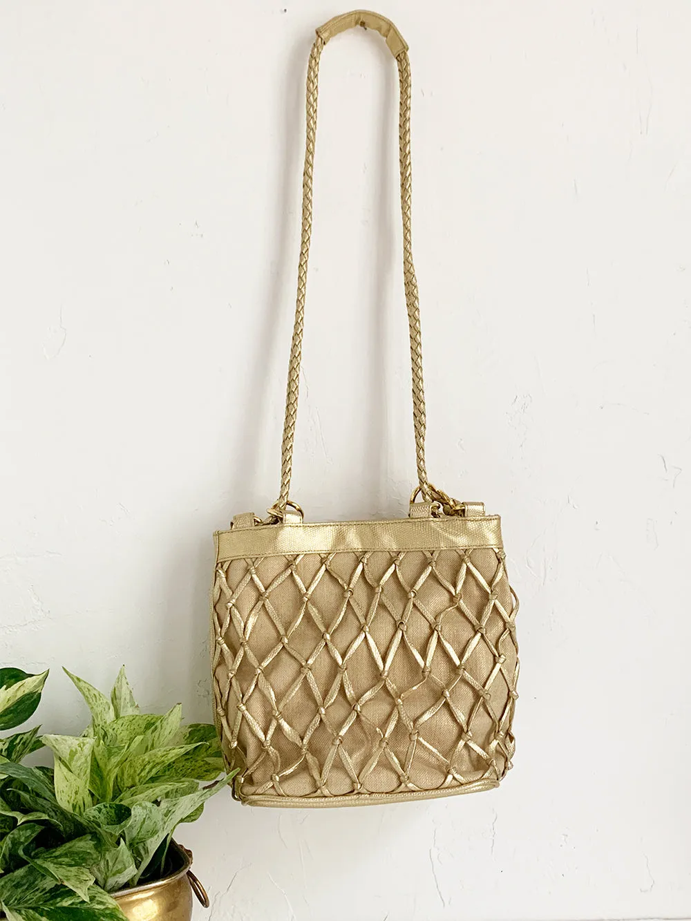 Tianni Metallic Gold Woven Bucket Bag