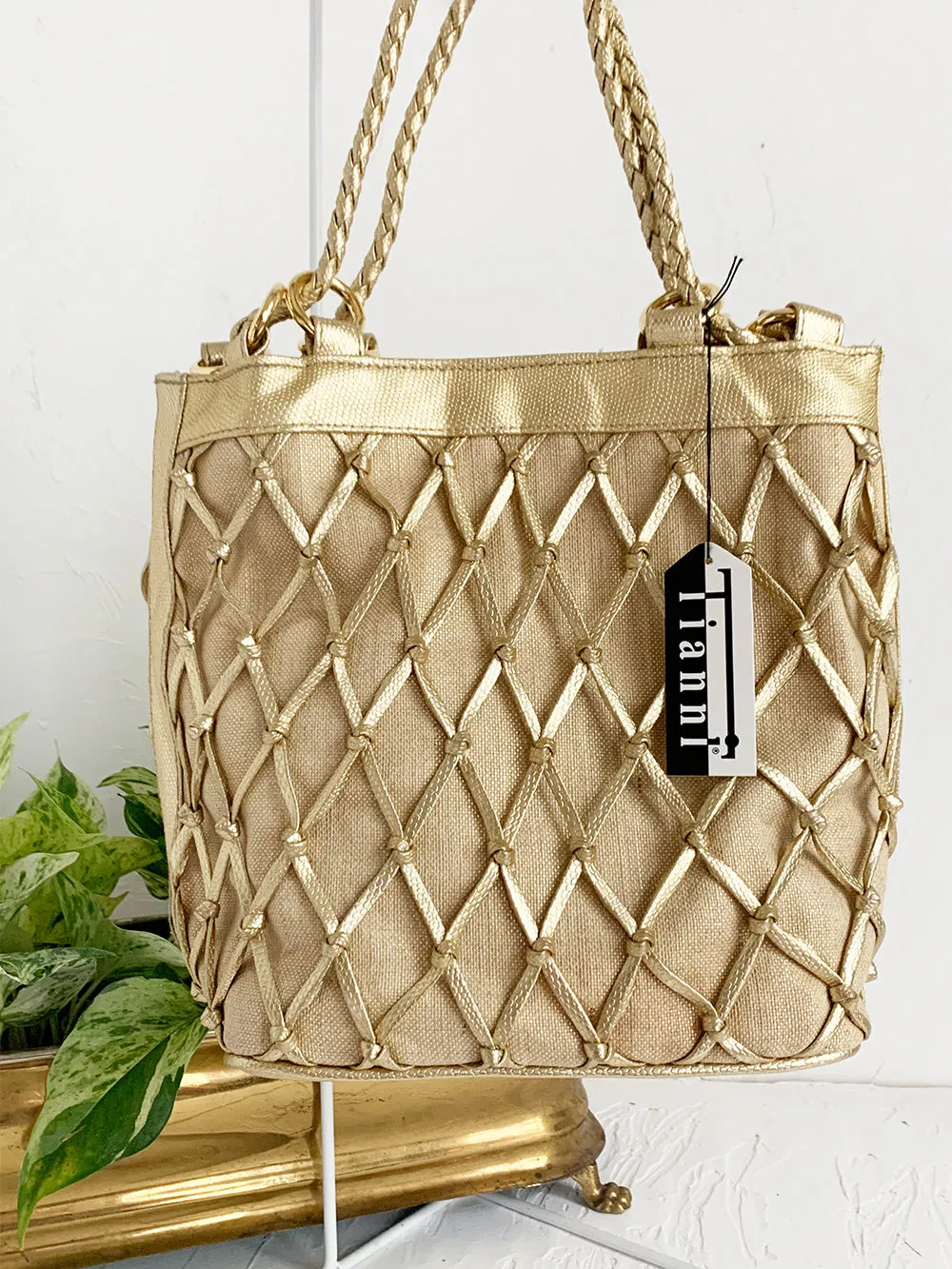 Tianni Metallic Gold Woven Bucket Bag