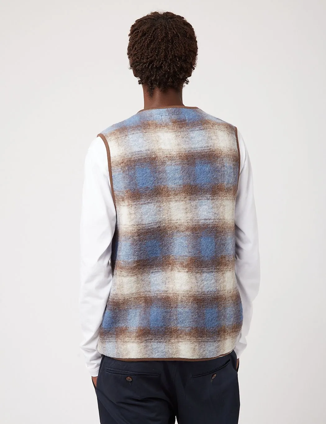 Universal Works Zip Gilet (Checked Wool Fleece) - Blue/Brown