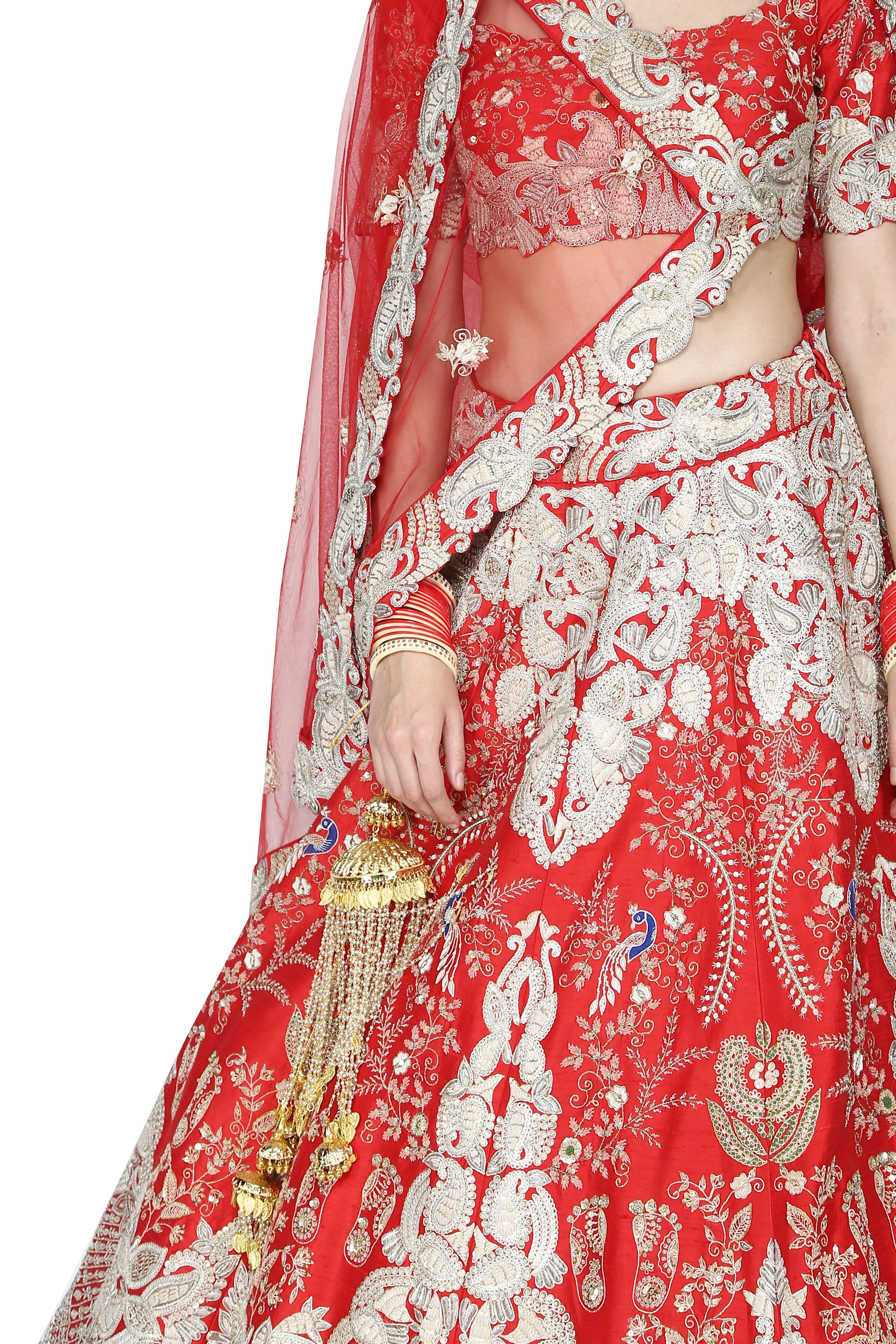 Vermilion red lehenga set.