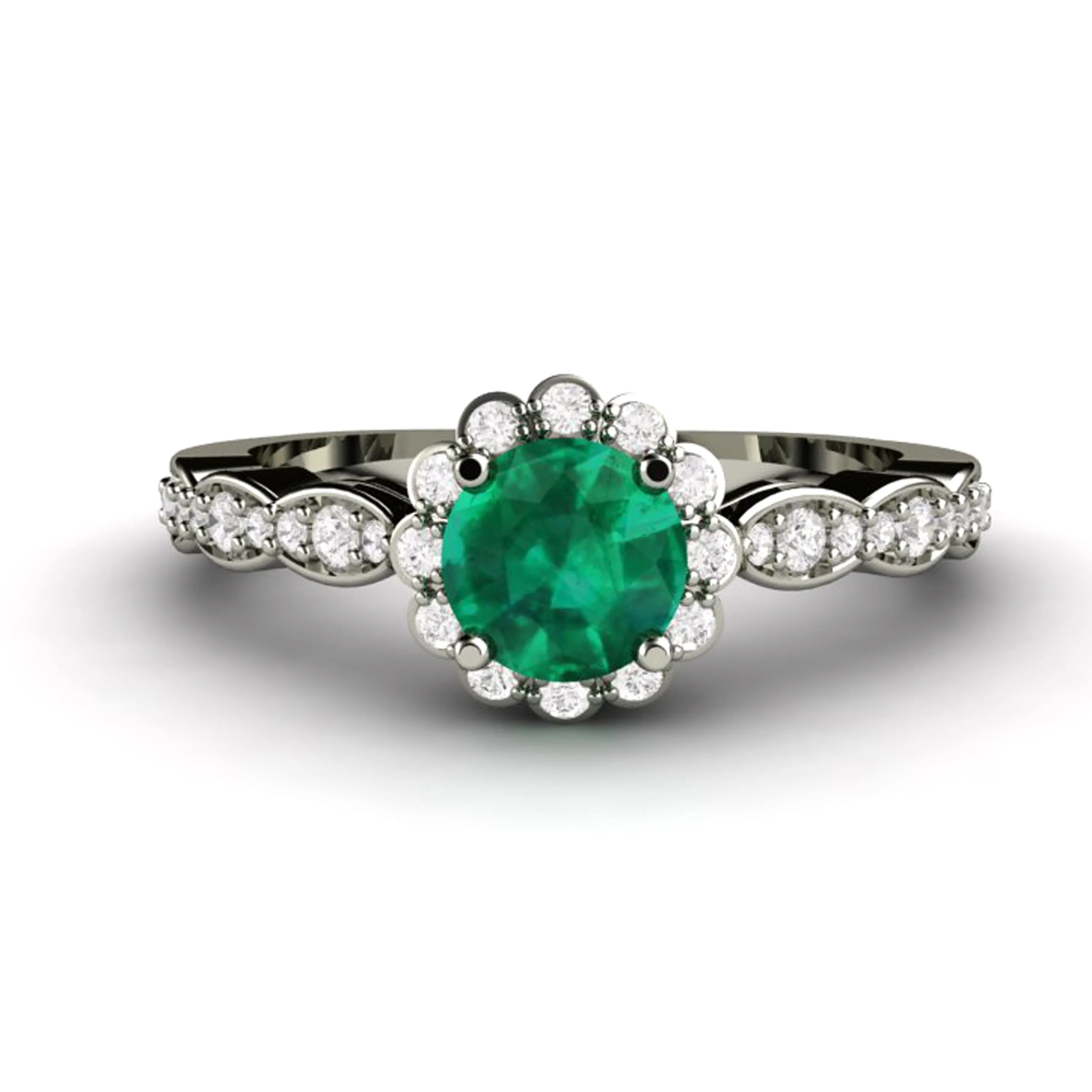 Vintage Inspired Emerald Engagement Ring Diamond Halo and Dainty Scalloped Band