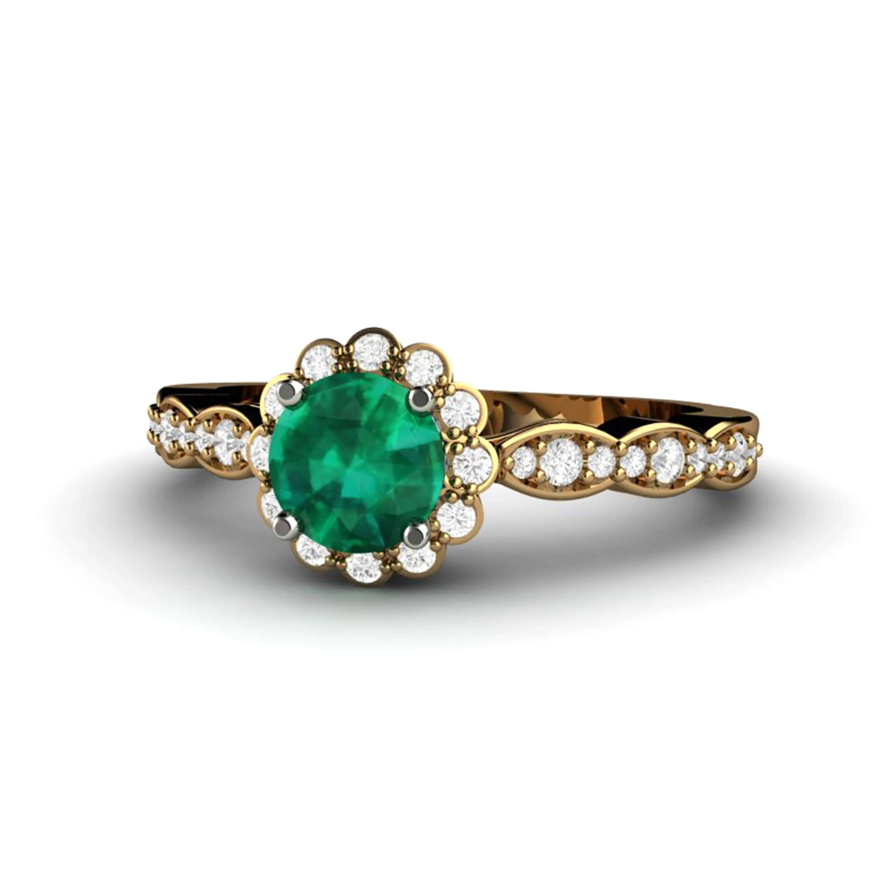 Vintage Inspired Emerald Engagement Ring Diamond Halo and Dainty Scalloped Band