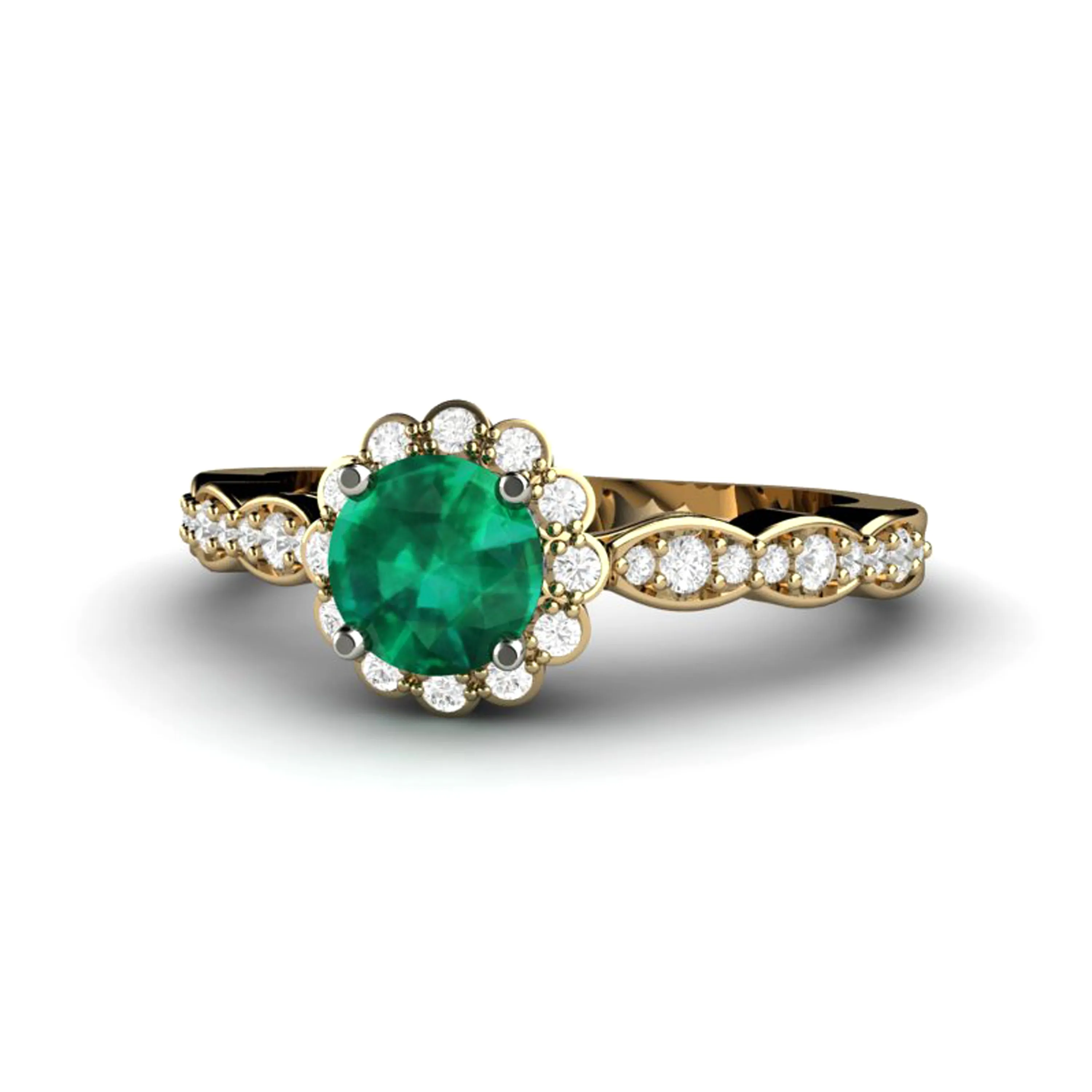 Vintage Inspired Emerald Engagement Ring Diamond Halo and Dainty Scalloped Band