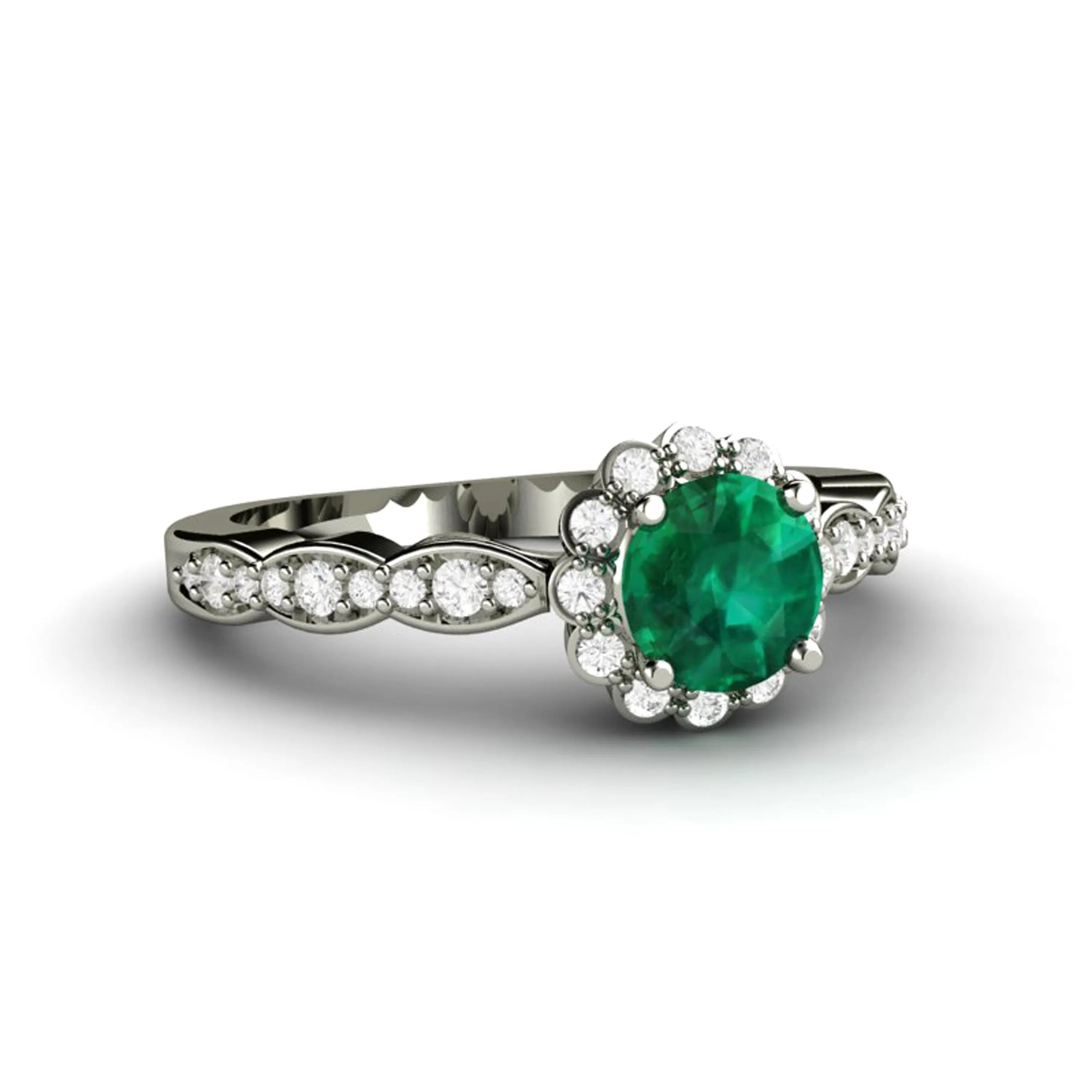 Vintage Inspired Emerald Engagement Ring Diamond Halo and Dainty Scalloped Band