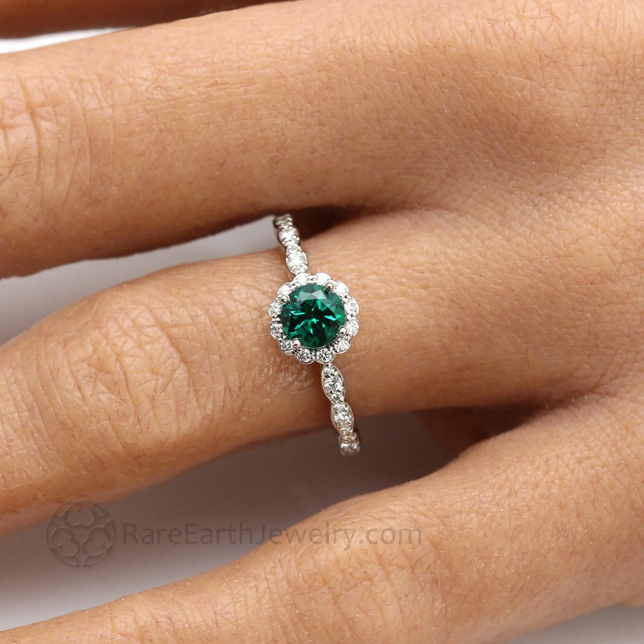 Vintage Inspired Emerald Engagement Ring Diamond Halo and Dainty Scalloped Band