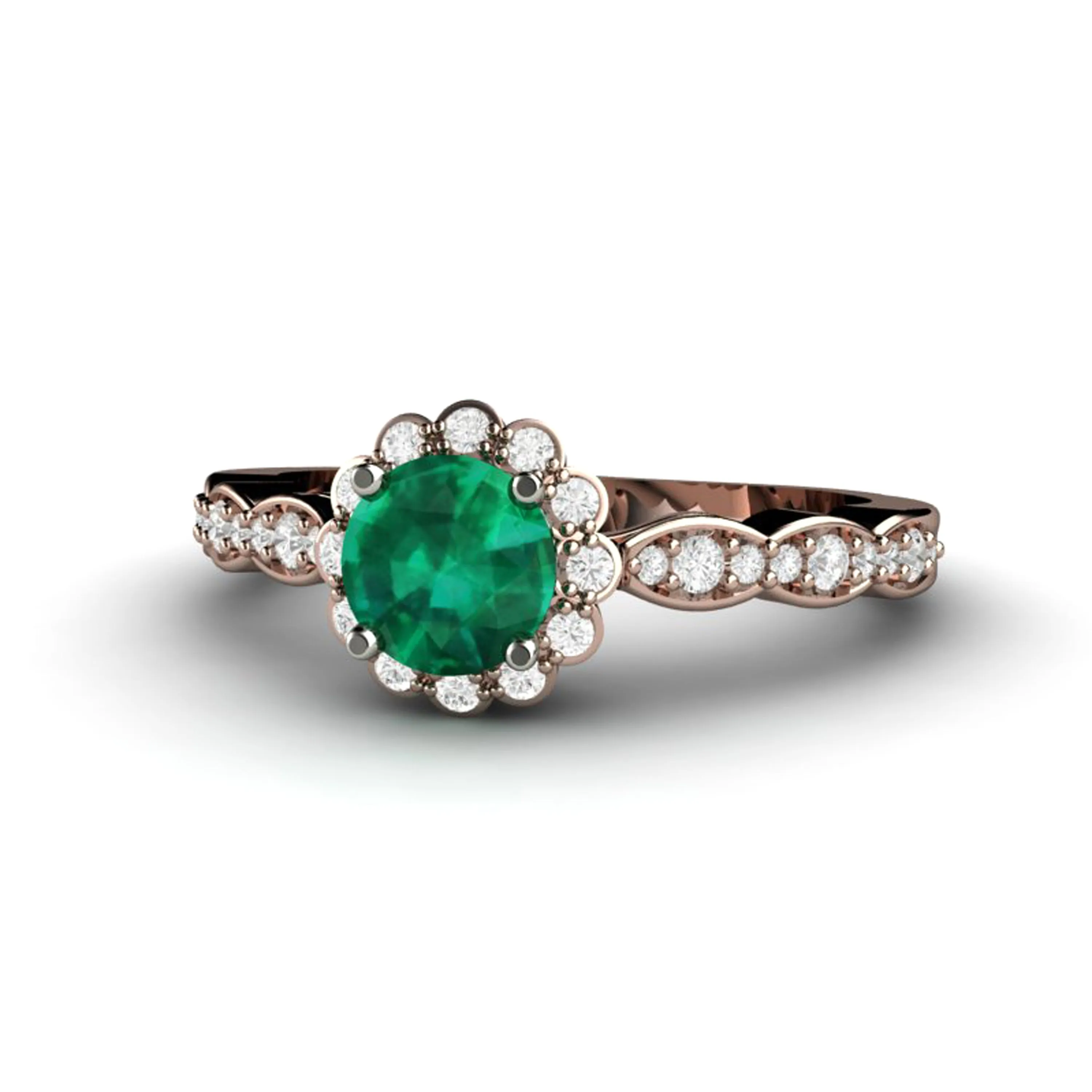 Vintage Inspired Emerald Engagement Ring Diamond Halo and Dainty Scalloped Band