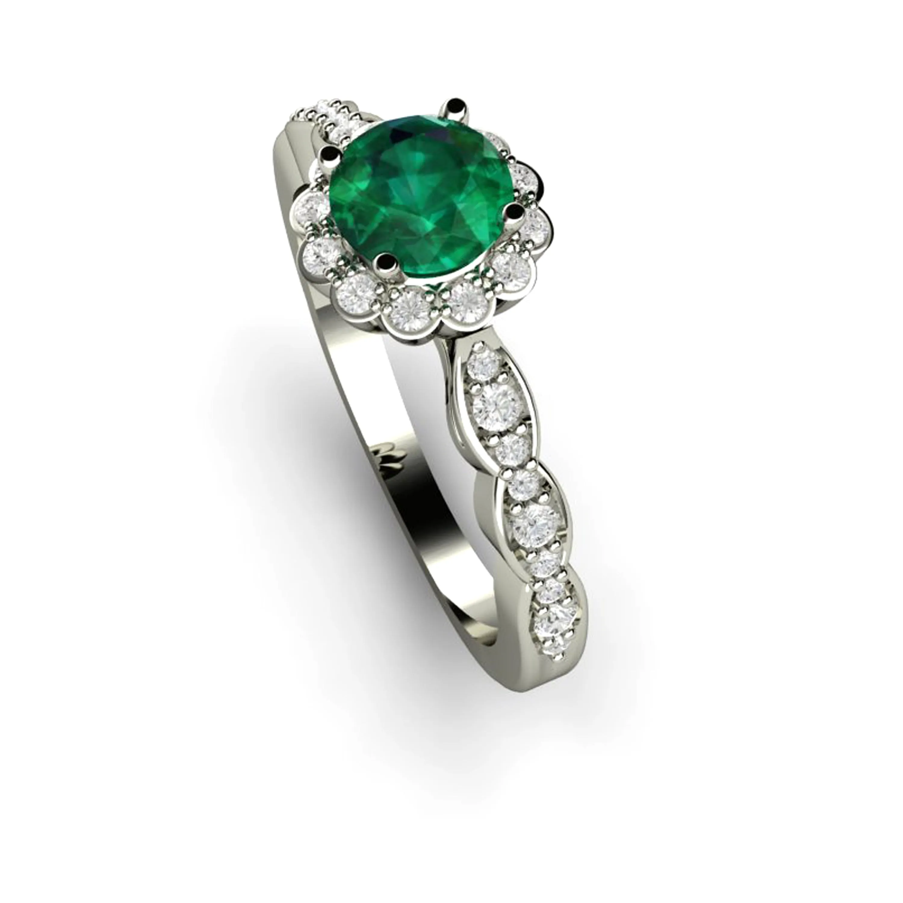 Vintage Inspired Emerald Engagement Ring Diamond Halo and Dainty Scalloped Band