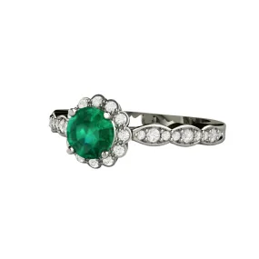 Vintage Inspired Emerald Engagement Ring Diamond Halo and Dainty Scalloped Band