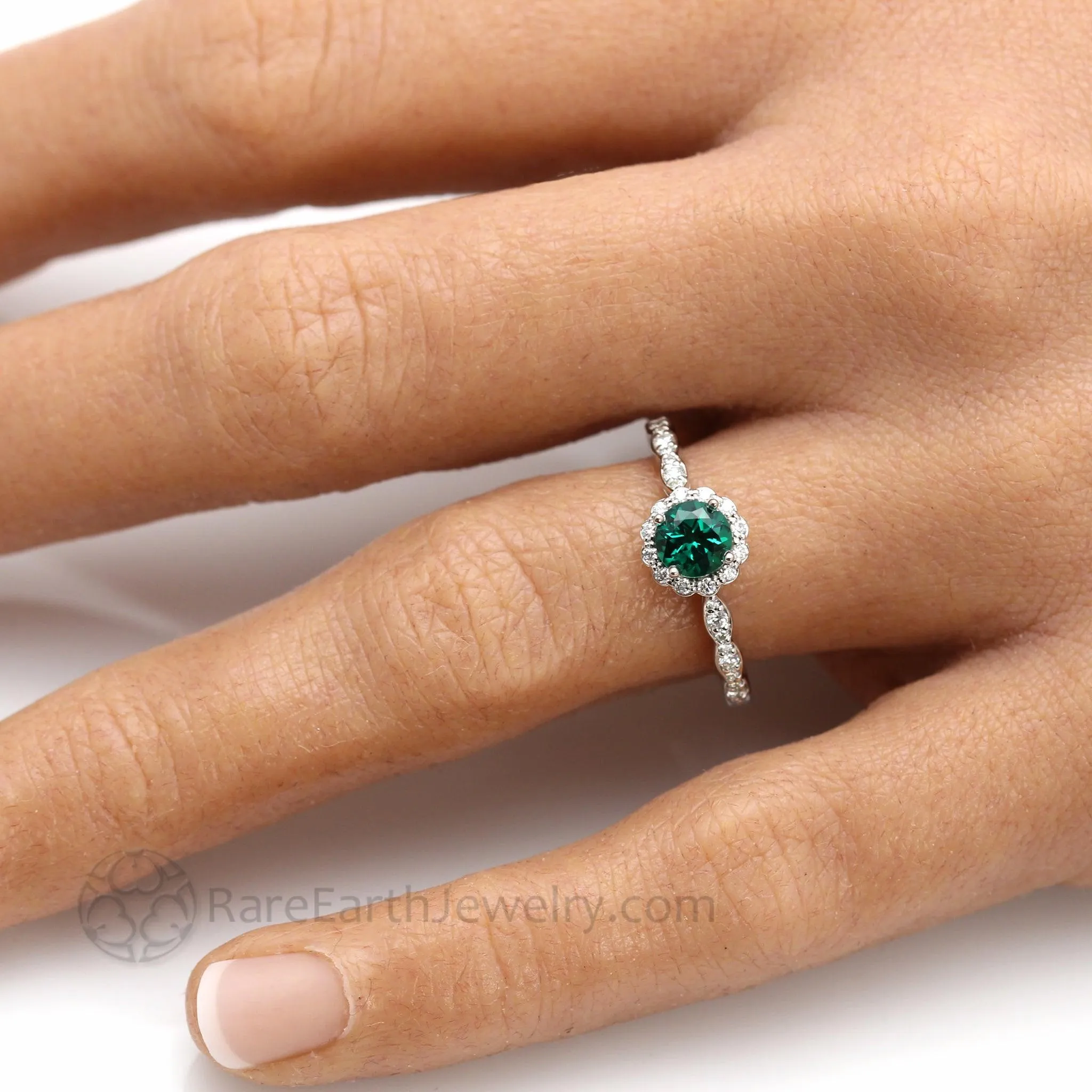 Vintage Inspired Emerald Engagement Ring Diamond Halo and Dainty Scalloped Band