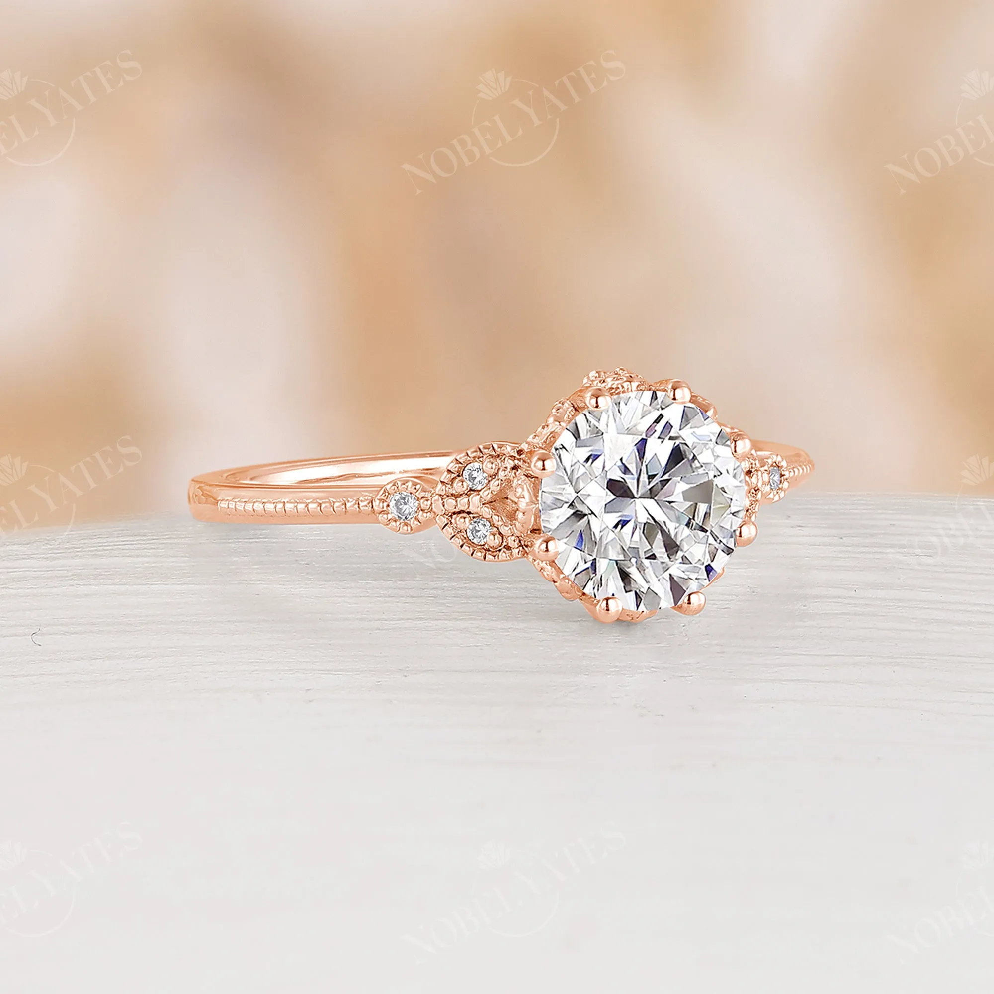 Vintage Round Cut Moissanite Milgrain Leaf Engagement Ring