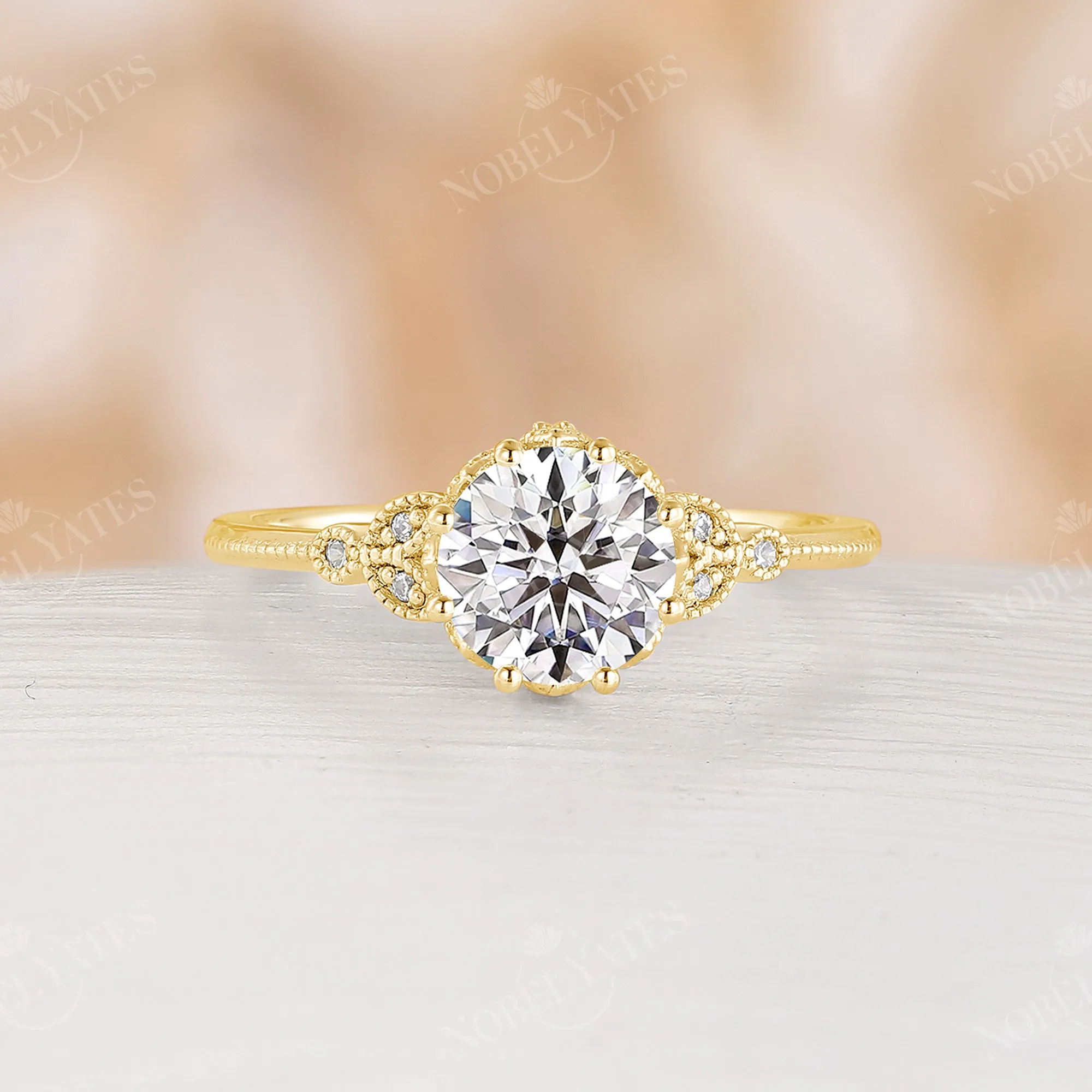 Vintage Round Cut Moissanite Milgrain Leaf Engagement Ring