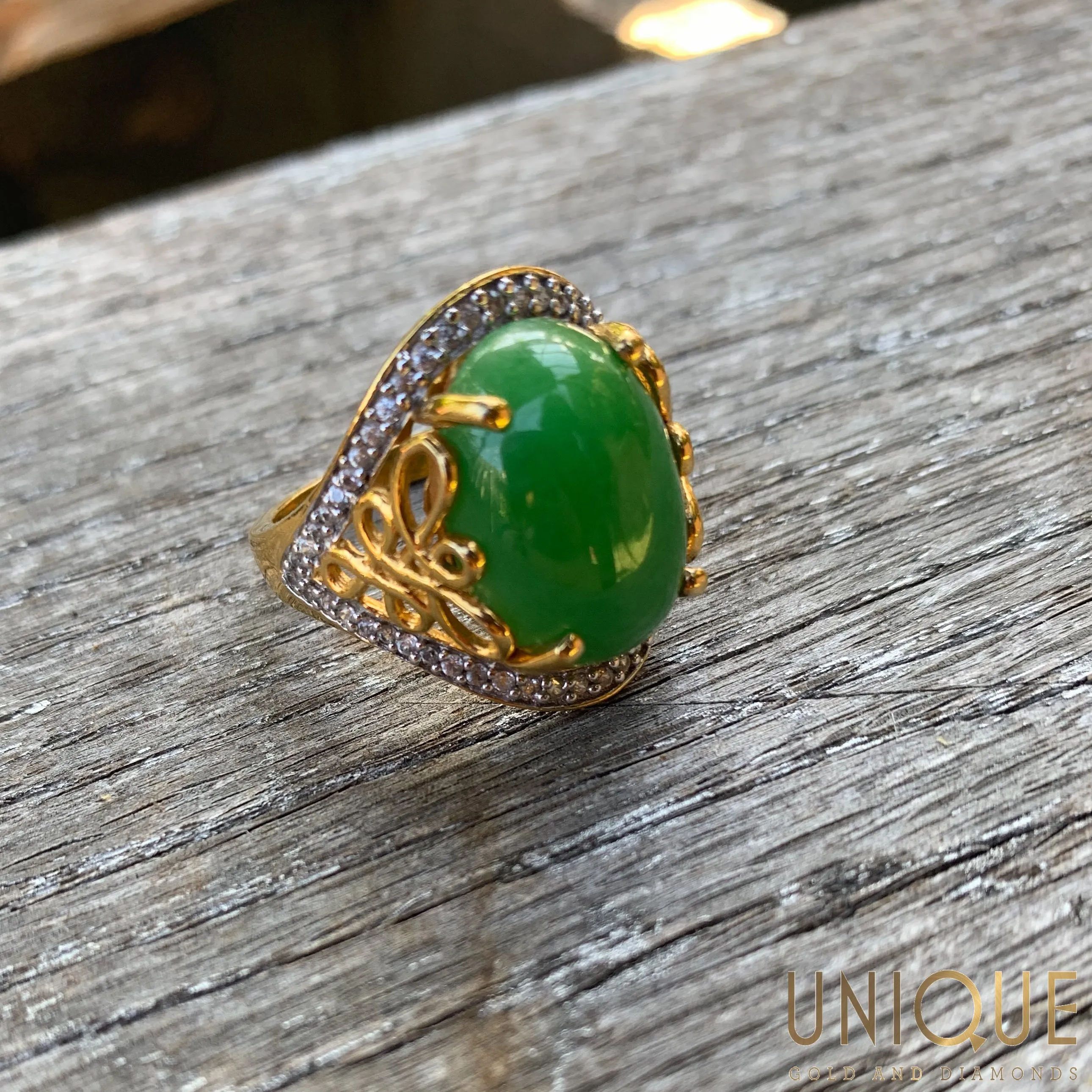 Vintage Sterling Silver Gold Plated Large Green Stone Ring