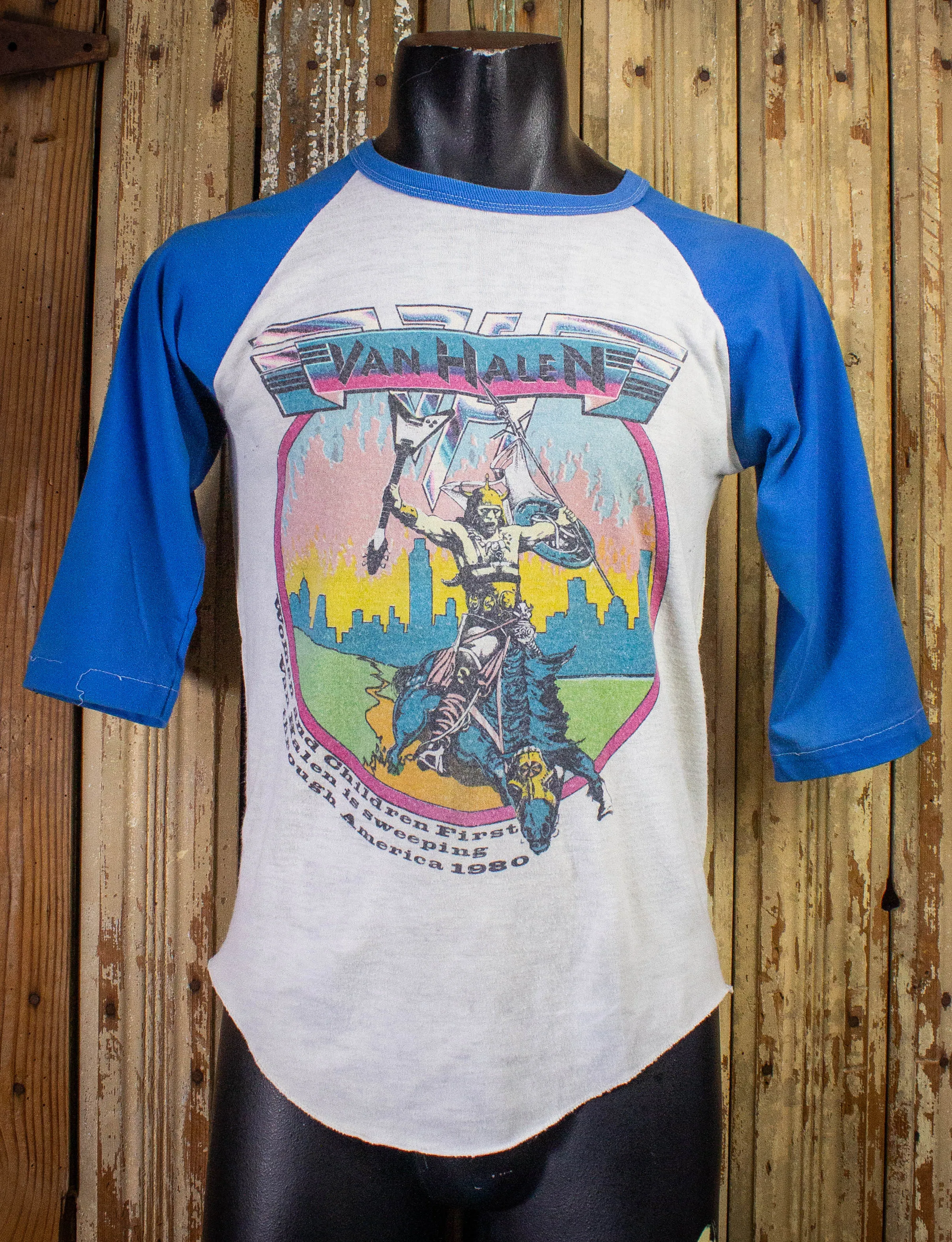 Vintage Van Halen Women and Children First Raglan Concert T Shirt 1980 White/Blue Medium