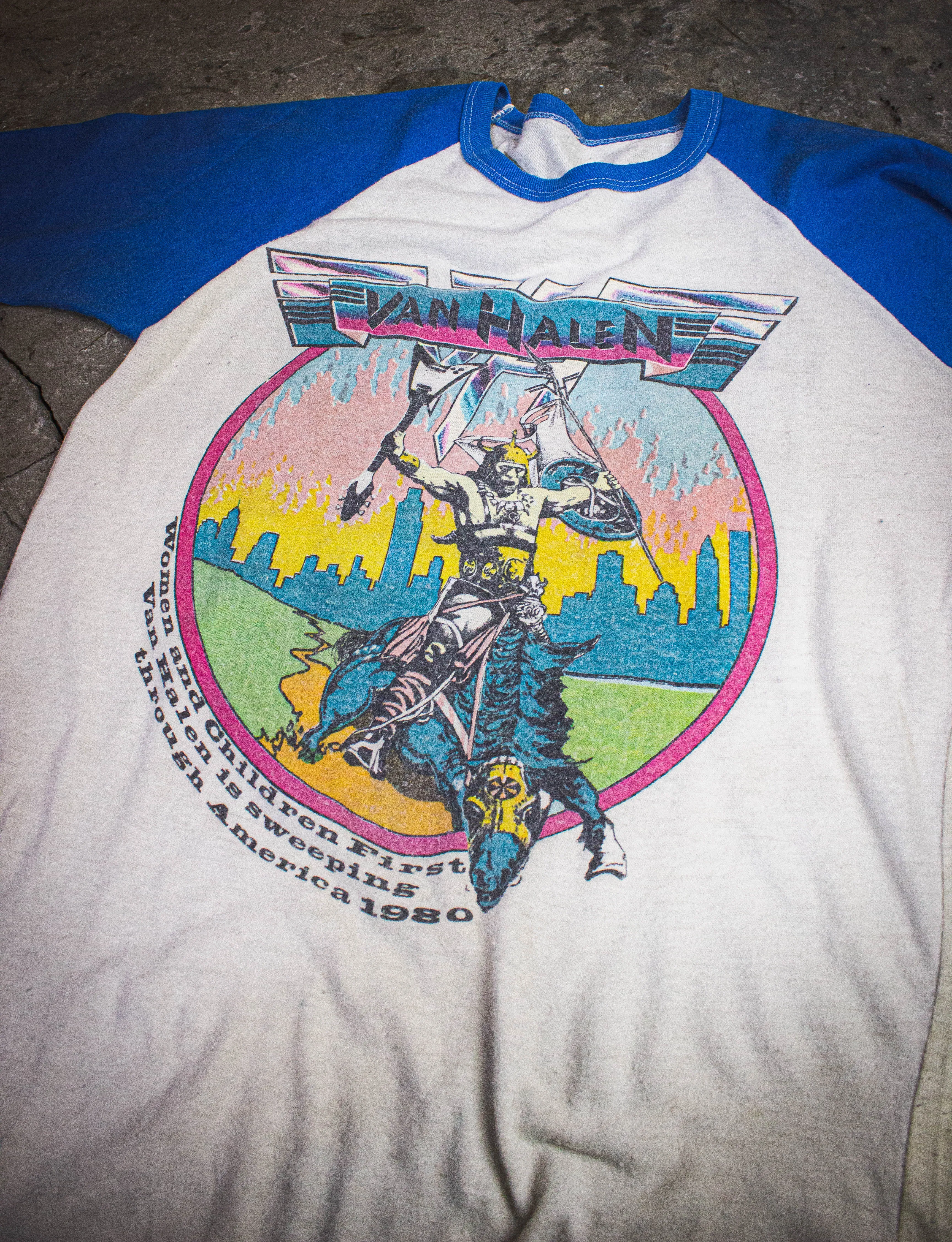 Vintage Van Halen Women and Children First Raglan Concert T Shirt 1980 White/Blue Medium