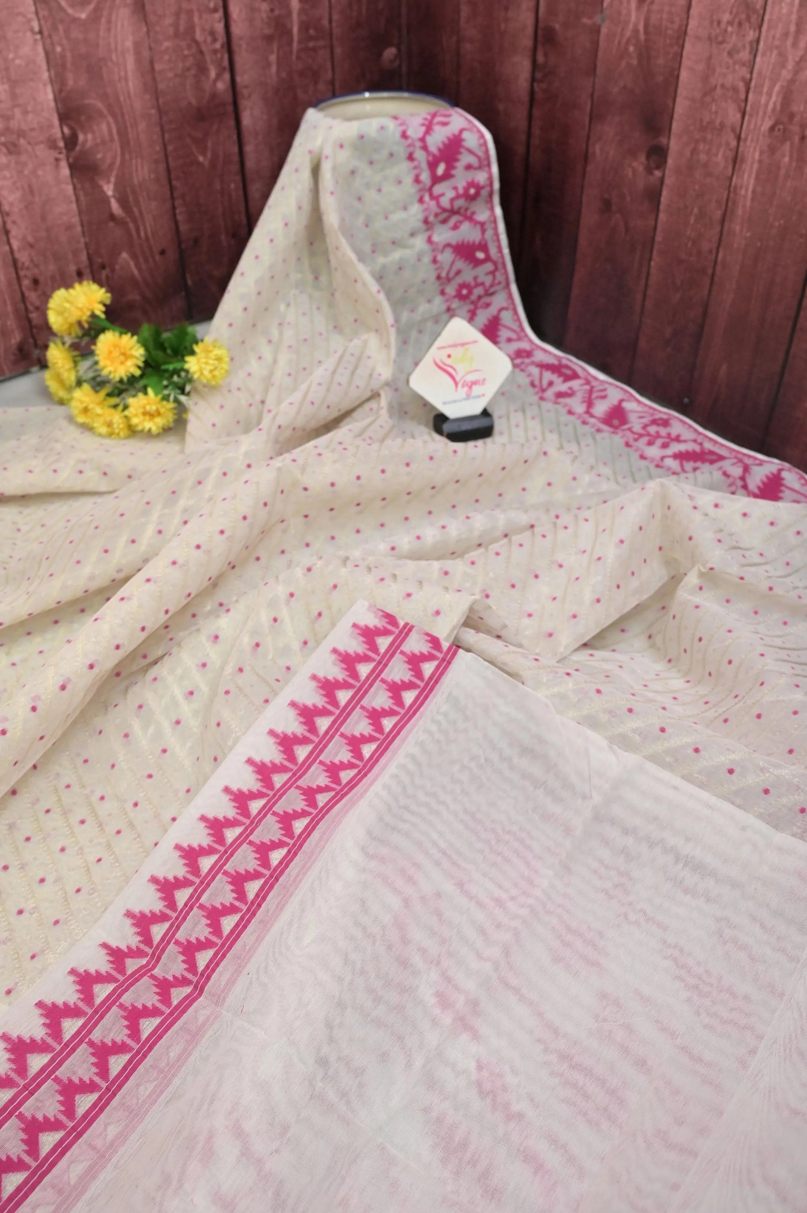 White and Magenta Color Jamdani Saree with Buti Work