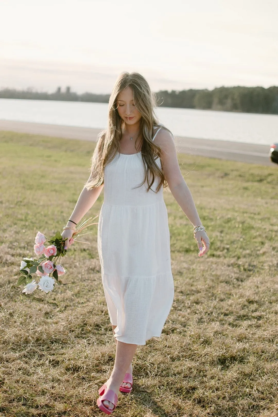 White Shoulder Tie Midi Dress