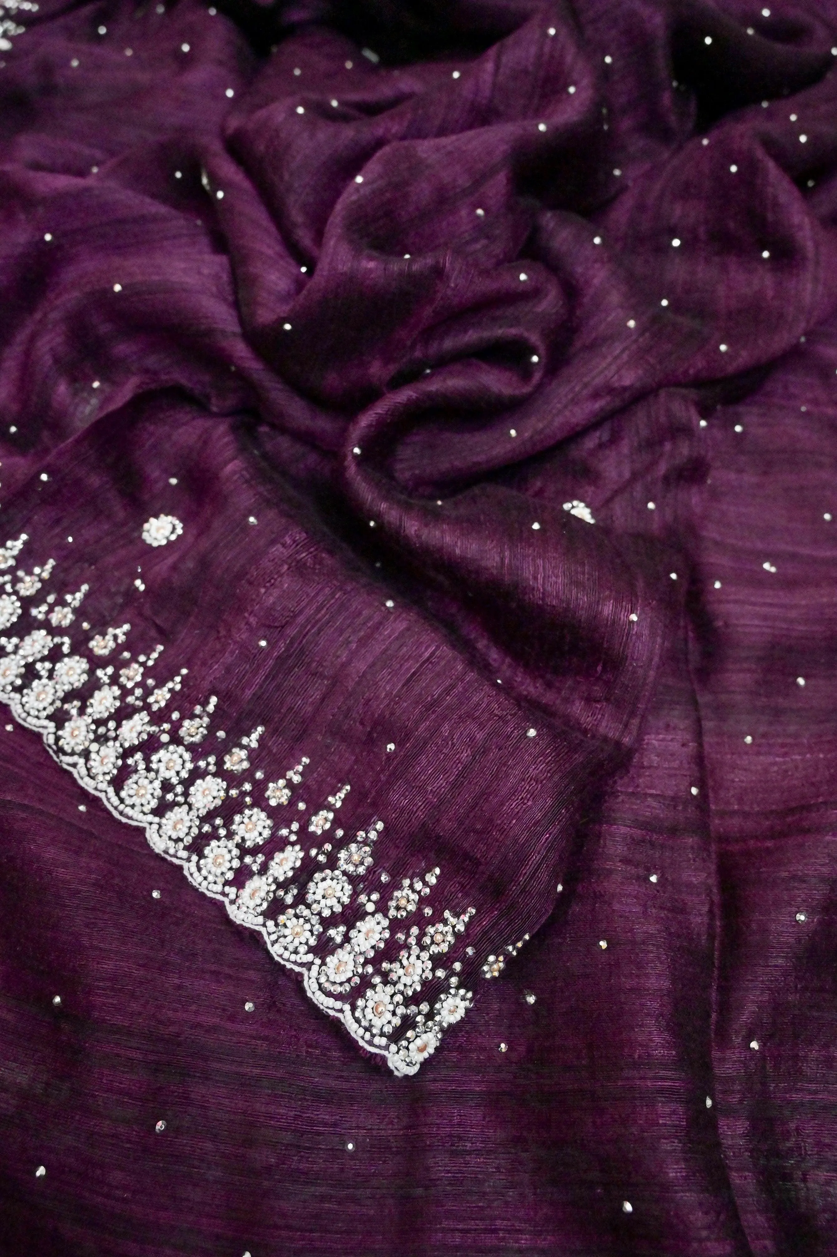 Wine Color Pure Matka Saree with Hand Stone and Pearl Work