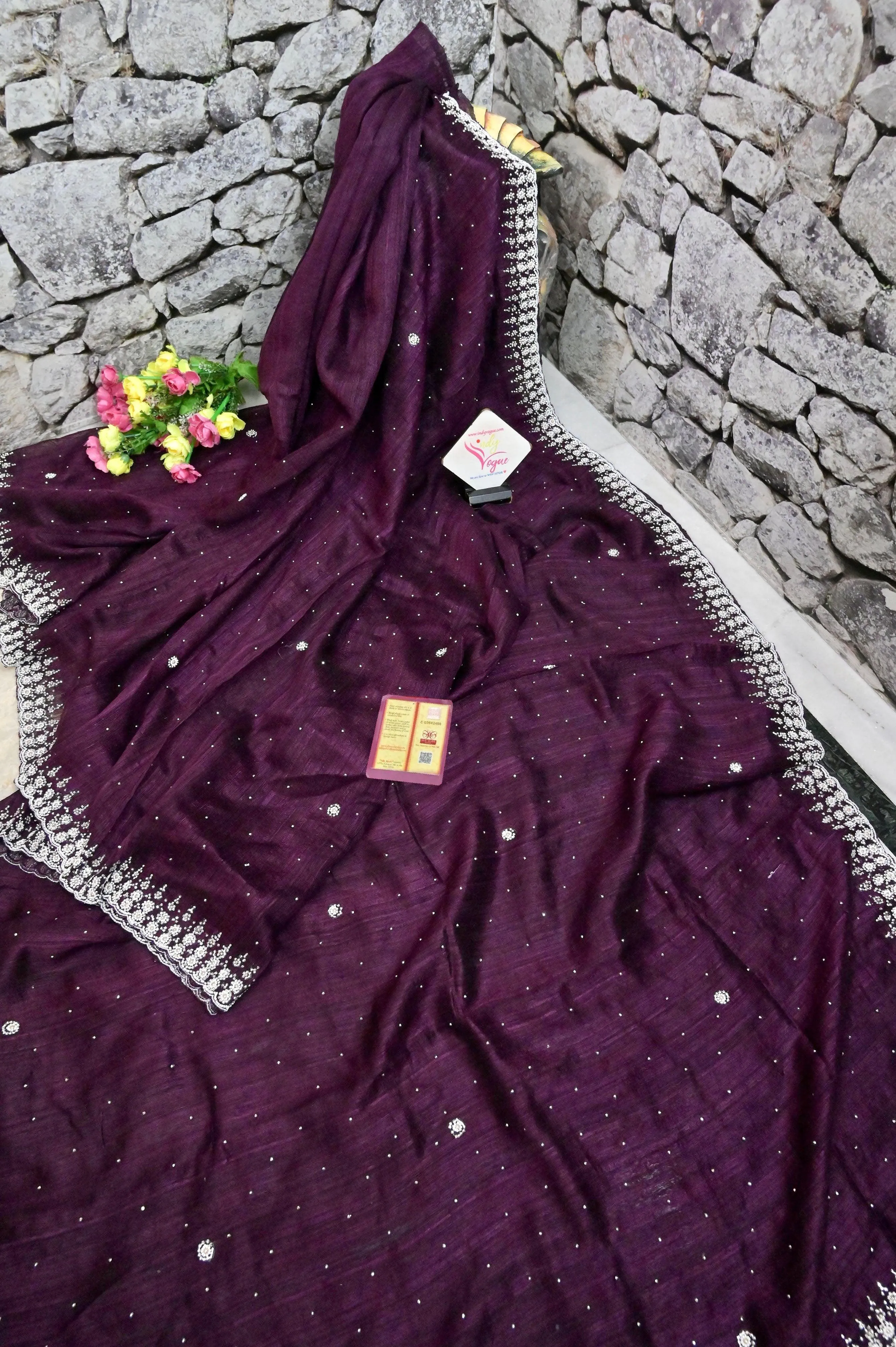 Wine Color Pure Matka Saree with Hand Stone and Pearl Work